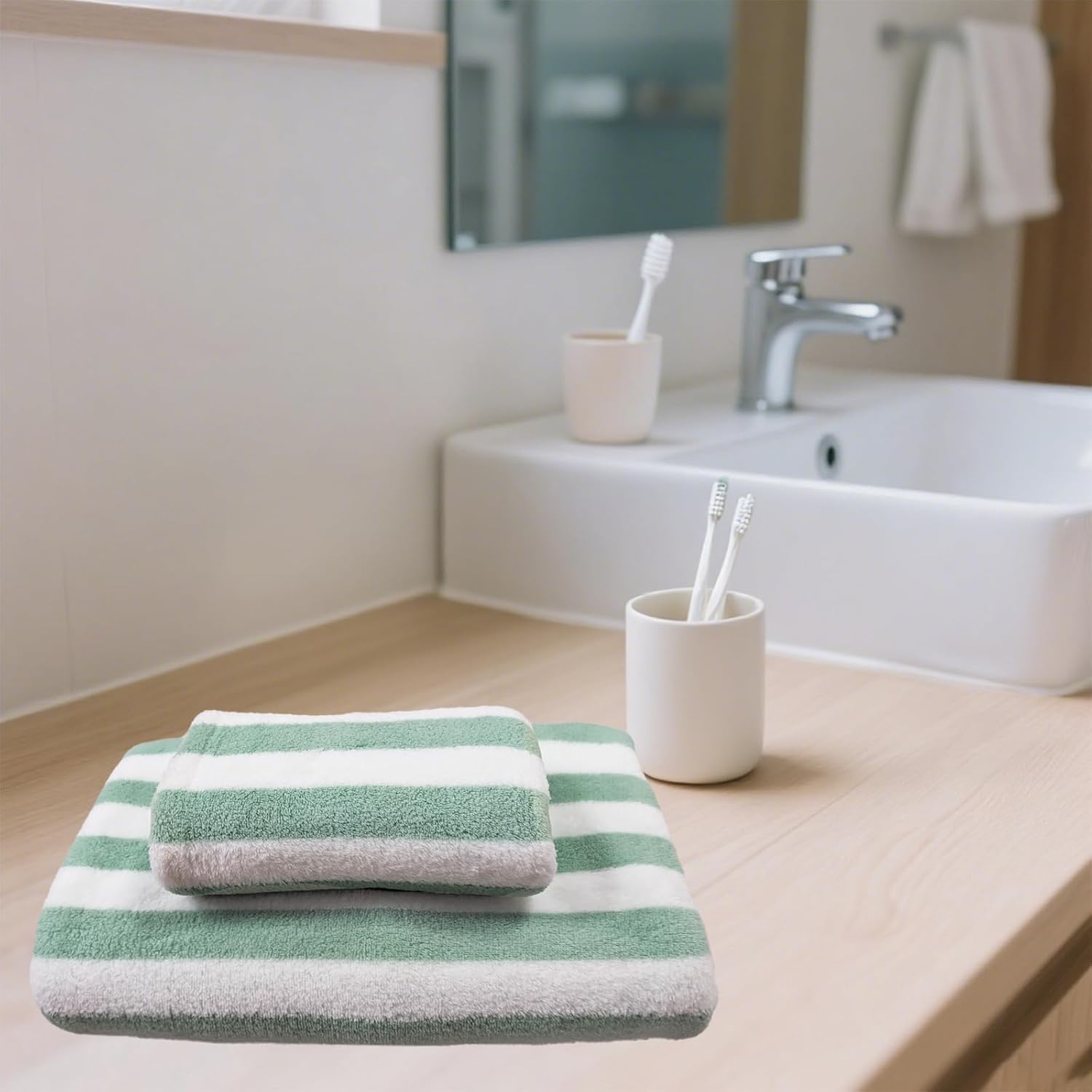 ABREEZE Green and White Cabana Striped Coral Fleece Bath Towel and Hand Towel Set (2-Piece) - Quick Dry Bathroom Towels for Spa, Gym, Travel