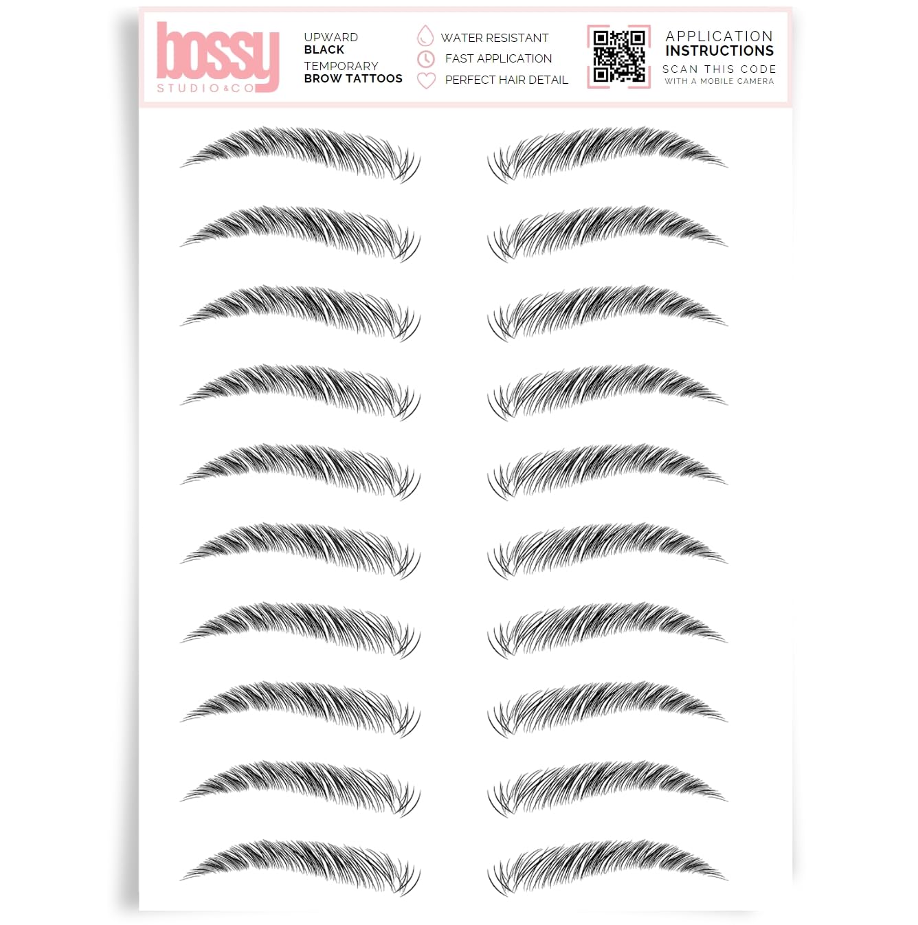 Brows by Bossy Studio & Co Temporary Eyebrow Tattoos Waterproof Eyebrow Stickers, False Tattoos Hair Like Peel Off Instant Transfer Brow upward black