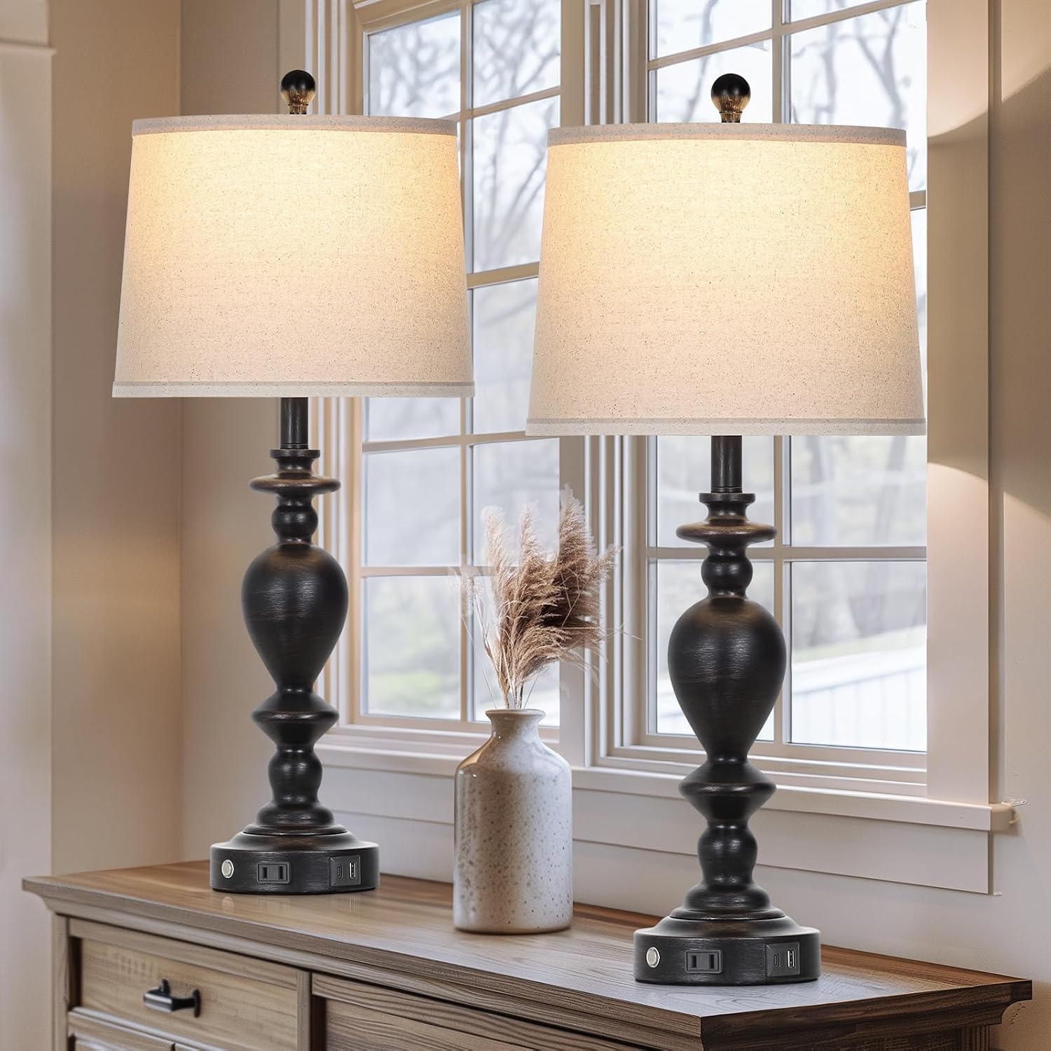 Cinkeda 28" Black Farmhouse Table Lamps Set of 2 with USB C+A Ports & AC Outlet for Vintage Living Room Rustic Bedroom,3-Way Dimmable Touch Lamp Retro Resin Bedside Lamps for Nightstand Side Table image 2