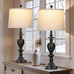 28" Black Farmhouse Table Lamps Set of 2 with USB C+A Ports & AC Outlet for Vintage Living Room Rustic Bedroom,3-Way Dimmable Touch Lamp Retro Resin Bedside Lamps for Nightstand Side Table