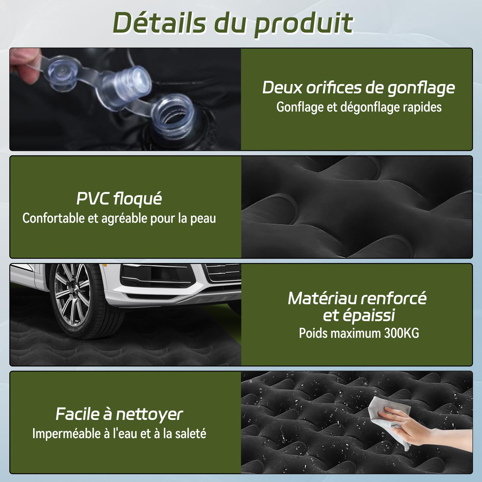 YOOHBERRYS Matelas Gonflable de Voiture, 182 * 144cm Lit Gonflable de Voiture SUV avec Pompe à Air et Oreillers, Matelas Pneumatique de Voiture pour Voyage, Camping, Activités de Plein air