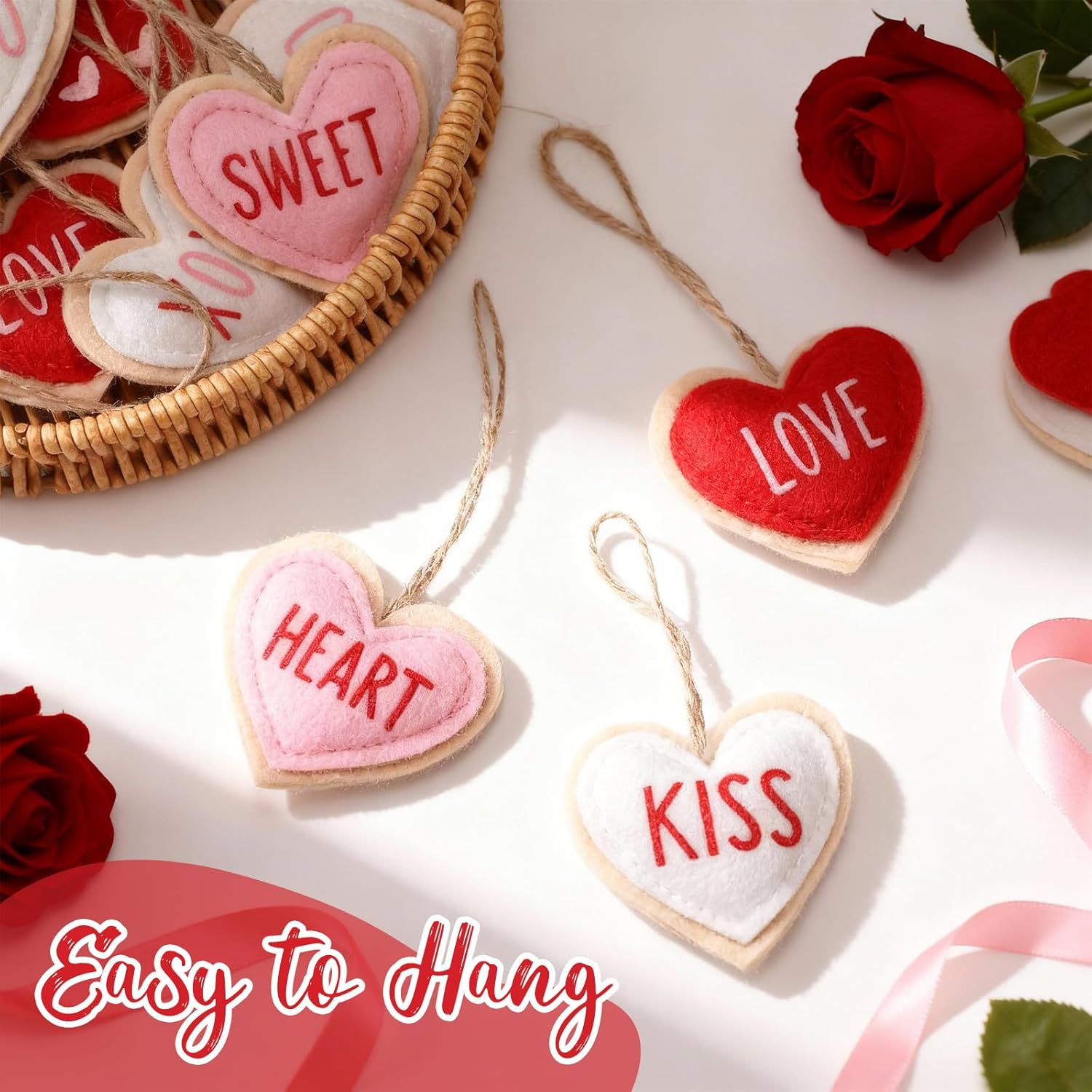 Gilprop 18 Pcs Mother's Day Felt Heart Ornaments, Red White Pink Felt Hanging Ornament 2.8 Inch Heart Shaped 3D Hanging Decors for Mother's Day Wedding Party Decorations(Cute)