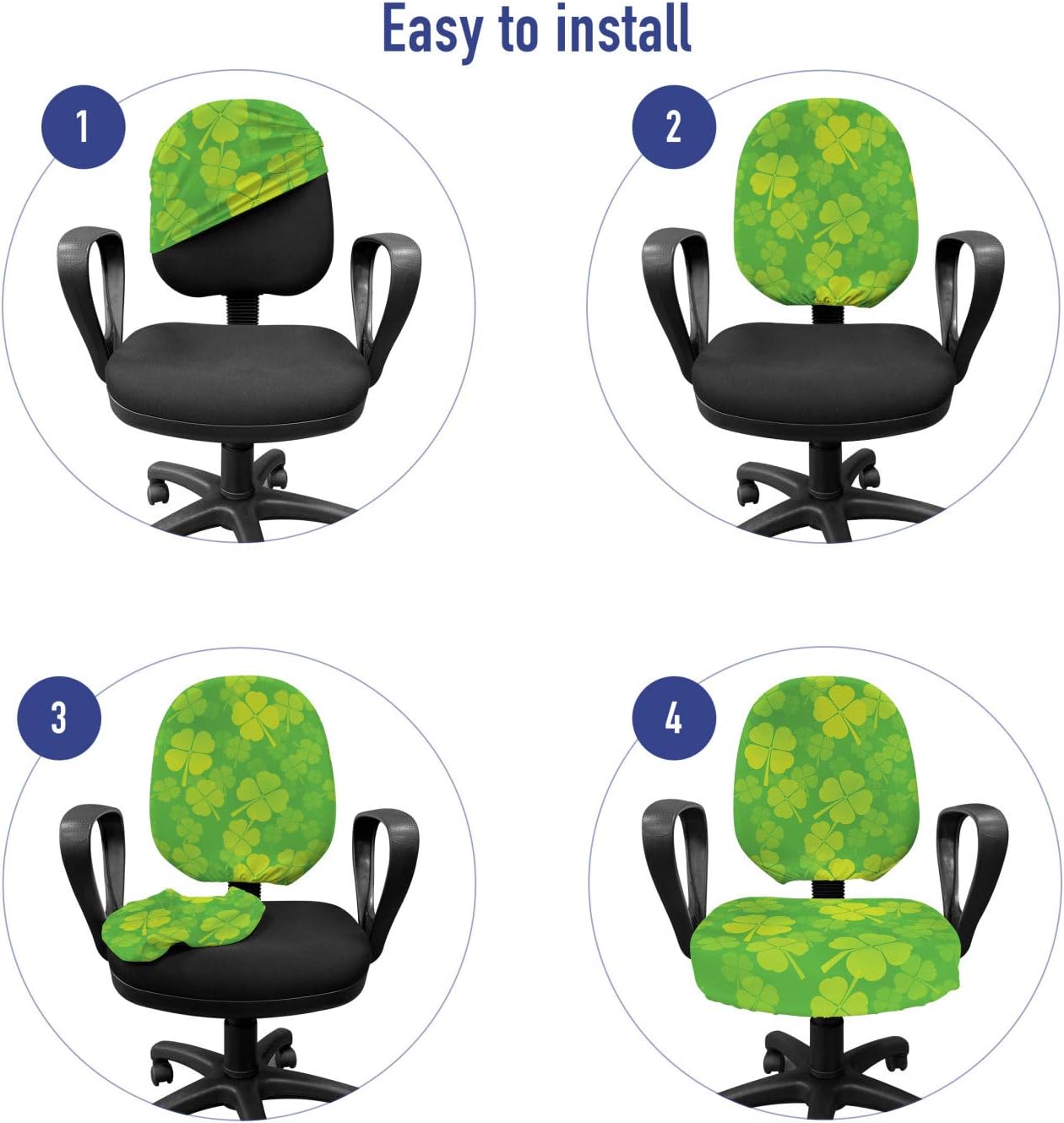 Lunarable Shamrock Office Chair Slipcover, 4 Leaf Clover Monochrome Traditional Saint Patrick's Day Arrangement, Protective Stretch Decorative Fabric Cover, Standard Size, Apple Green