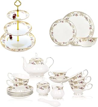ACMLIFE Bone China Dinnerware Set, Bone China Tea Set 21-Piece English Tea Cups Set of 6 and 3-Tier Serving Stand