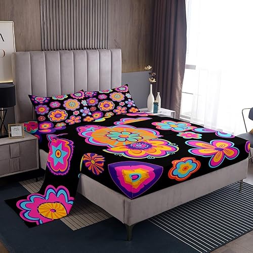 Erosebridal Groovy Flower Power - Juego de ropa de cama tamaño Queen para niñas, color morado neón, negro, vintage, floral, hippie, estética,