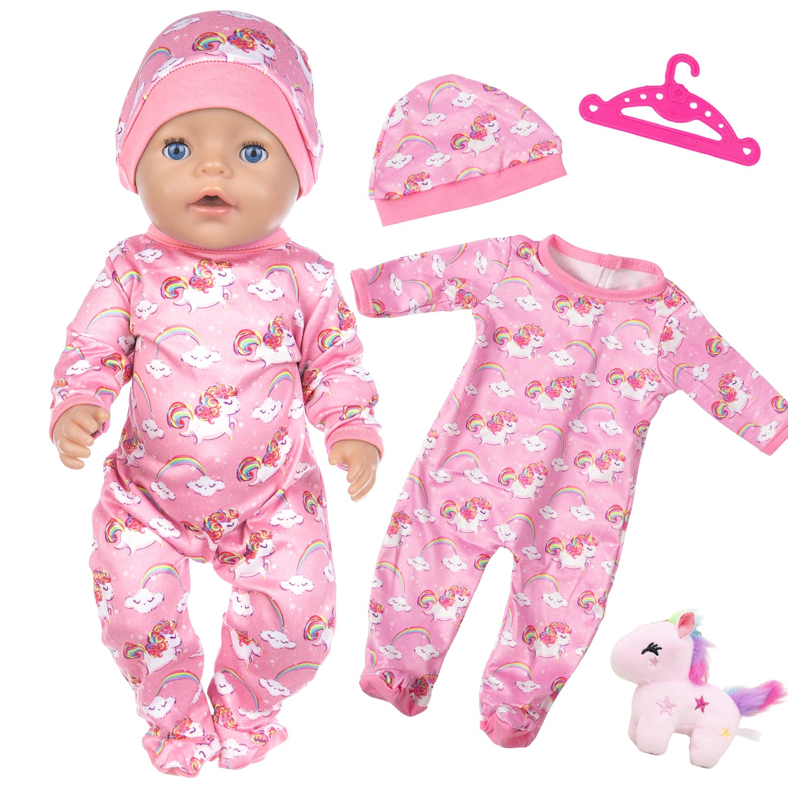 4 Pcs Baby Doll Clothes for 14-17 Inch Dolls, Cute Baby Doll Outfits mit Pink Pony Onesie, Hat