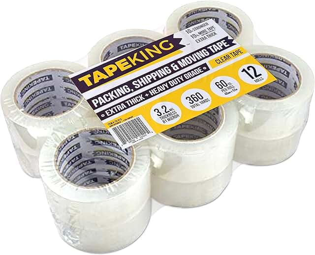 Tape King Super Thick 3.2mil Clear Packing Tape (12 Refill Rolls) - Heavy Duty Adhesive 60 Yards Per Roll, Carton, Industr...