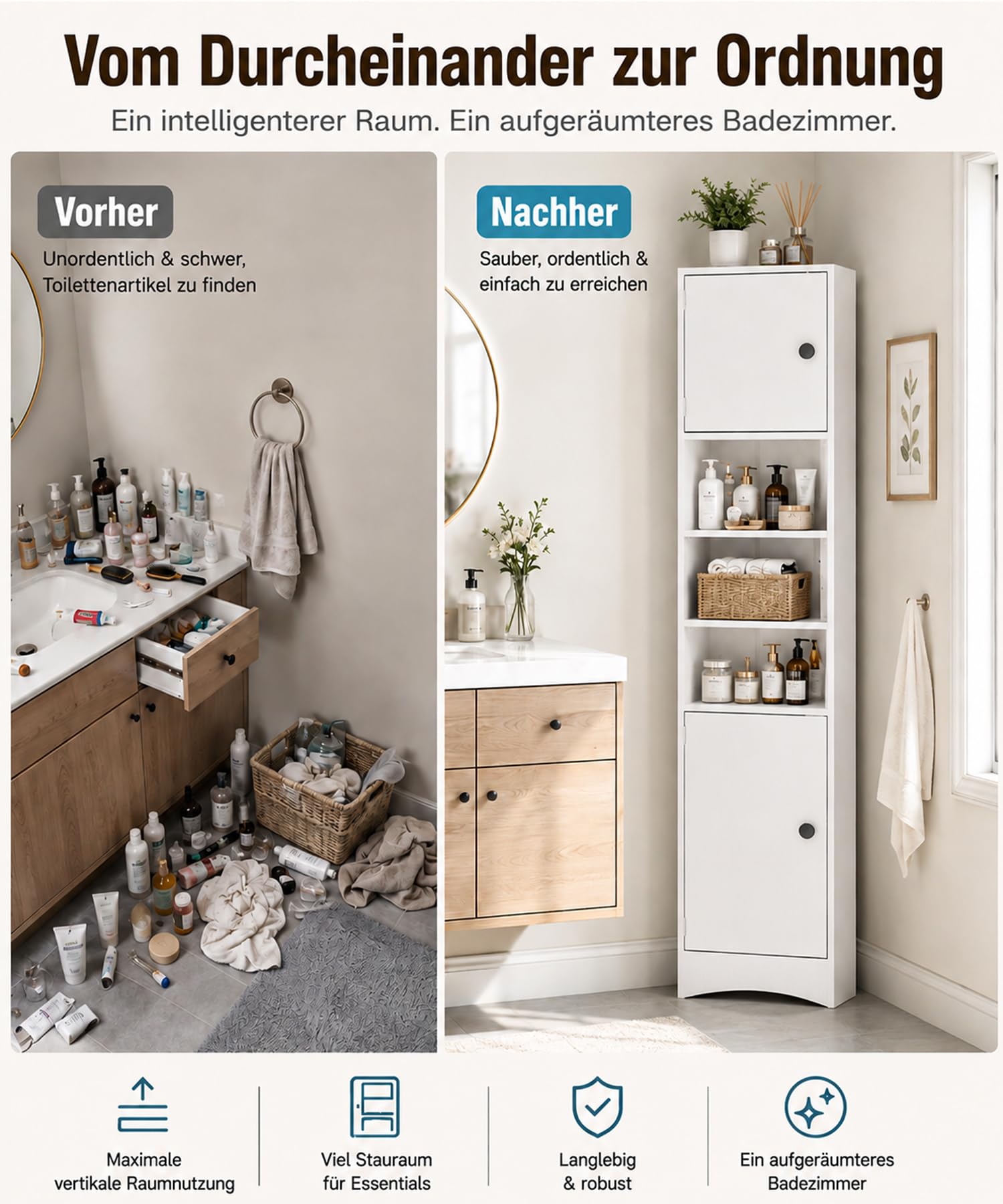 Yorbay Eckschrank mit Türen Offenen Fächern: 170 cm Hochschrank für Bad