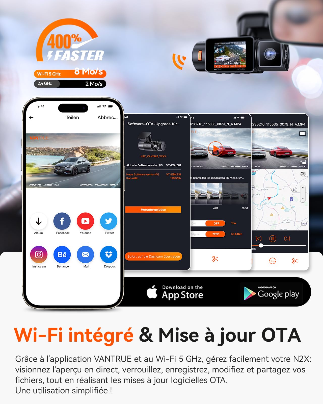 VANTRUE N2X 2.7K+1080P Dashcam Voiture Avant Intérieur, STARVIS 2 Double HDR Camera Embarquée Infrarouge, Support LTE, 5GHz WiFi GPS, APP & Commande Vocale Français, 24/7 Mode Parking, Max 512Go