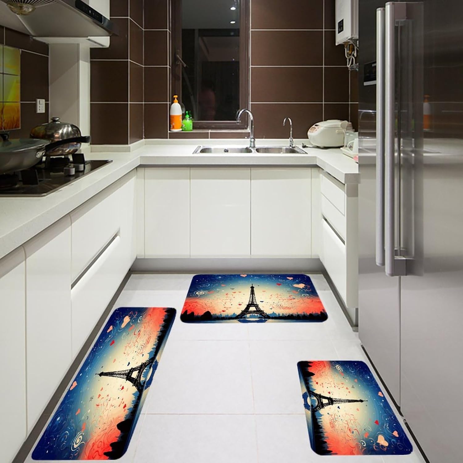 Paris Pattern Kitchen Rugs Sets of 3 Washable Non Slip Kitchen Rug Water Resistant Carpet Piece Anti Fatigue Kitchen Mats Soft Comfort Standing Mat Modern Area Rug