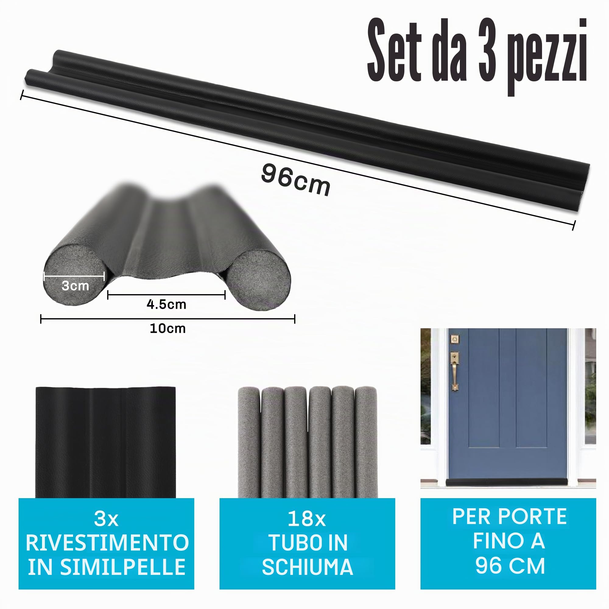 Gucass 3 Paraspifferi per Porte, 96 cm Paraspifferi Porta Blindata- Isolamento Acustico, Riduzione Freddo/Calore, Antivento, Luce, Polvere, Insetti, Guarnizione Porta Blindata, Nero