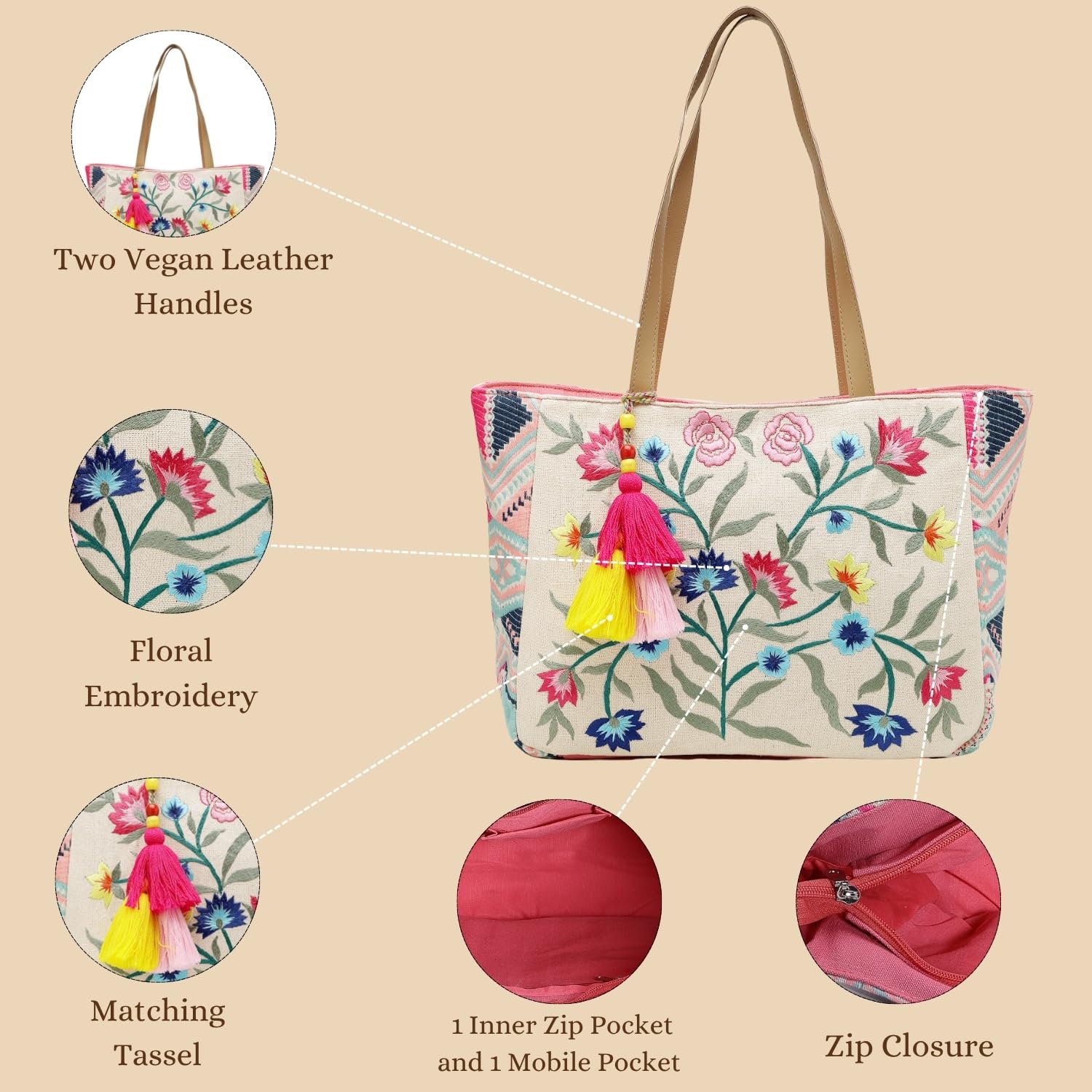 Anekaant Lush Floral Embroidered Cotton Jacquard Tote Bag | Large Multicolor Purse with Tassels for Women & Girls | Daily, Travel, Shopping & Gift Bag 1