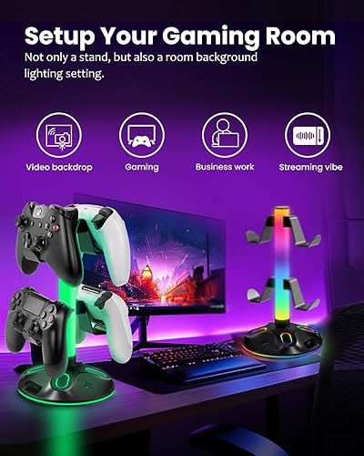 Miniatura 5 de Soporte de auriculares RGB para escritorio, innovador soporte para auriculares con 9 modos de luz, soporte para controlador con carga USB y puerto