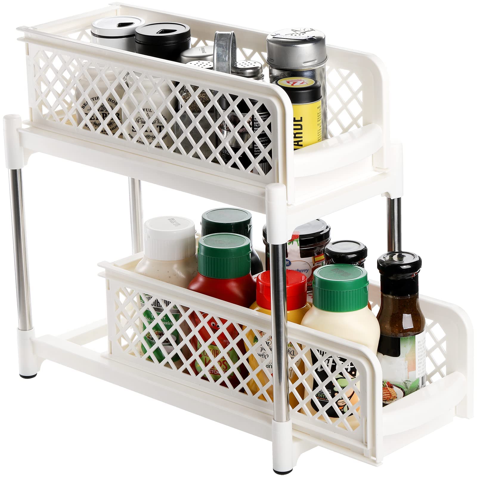 Usave White 2 Tier Kitchen Cupboard Baskets, Sliding Plastic Basket Drawers Organiser