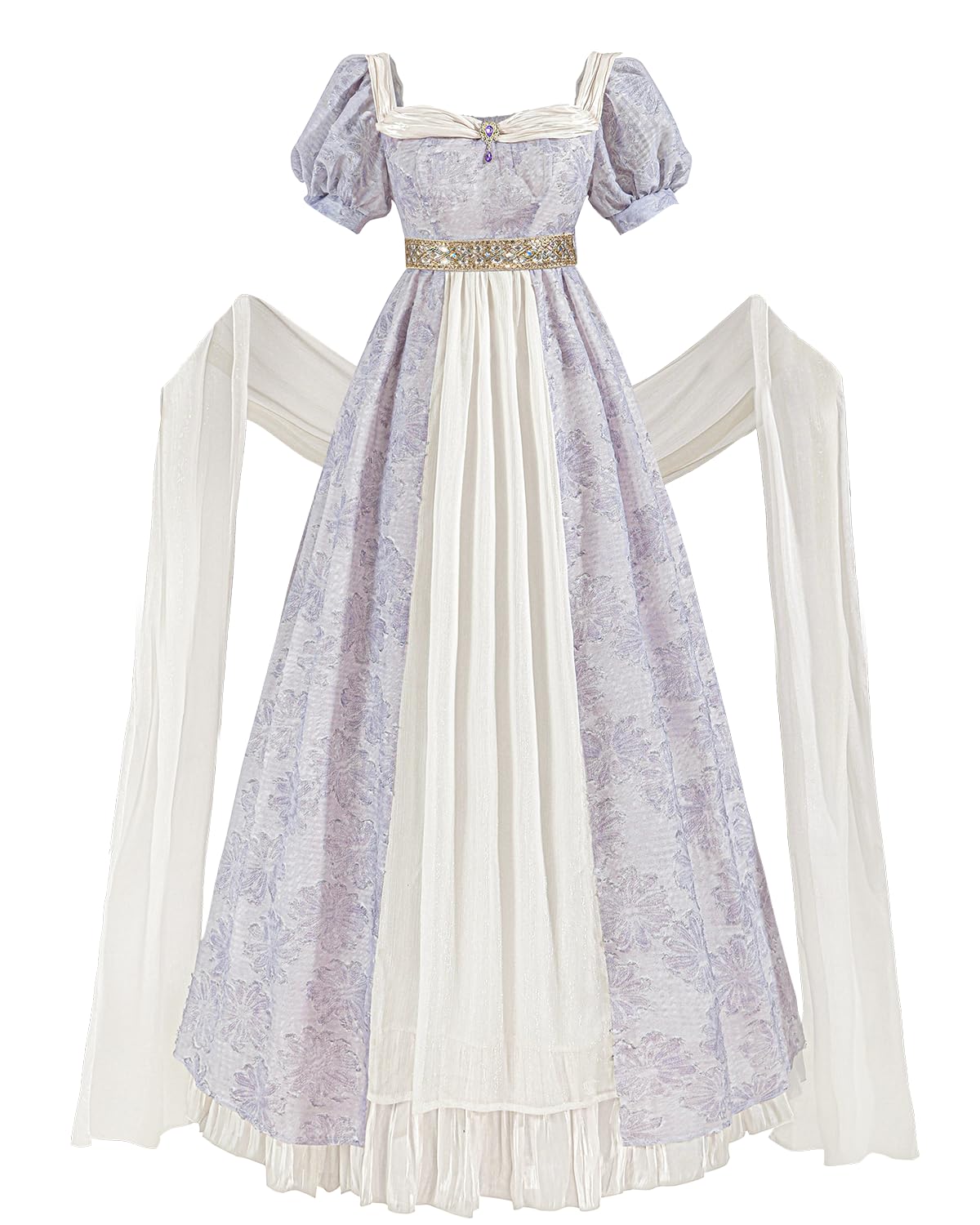 CR ROLECOS Regency Dresses for Women Purple Puff Sleeve Empire Waist Victorian Costume with Shawl S