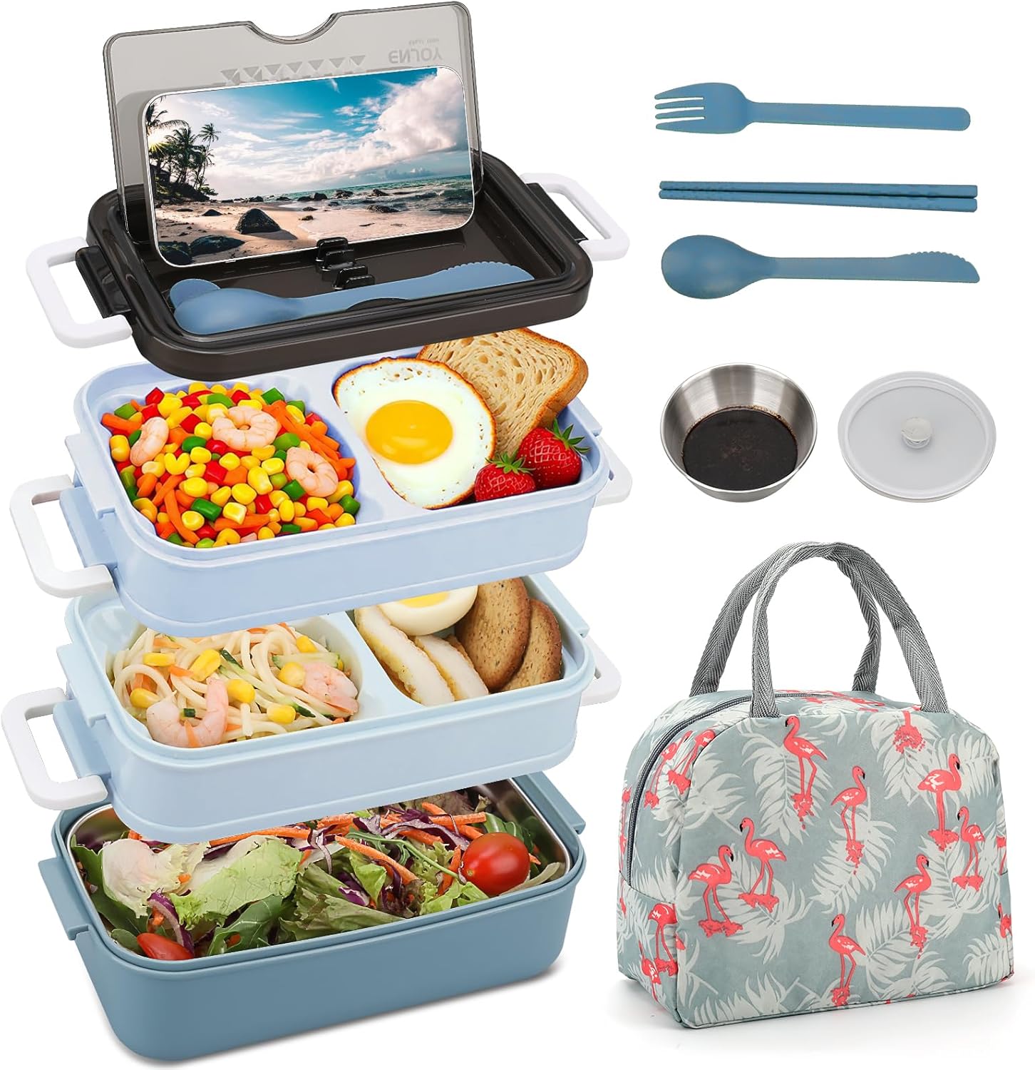 Bento Box Adult Lunch Box with Thermo Bag, 3-Tiers Adult Bento Box with Food-grade Utensil Set for Women, 60 fl-oz Large Lunchable Food Container with Sauce Container for Work, BPA-Free(Pink)