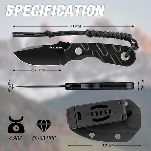 Miniatura 6 de FLISSA Cuchillo de hoja fija, cuchillo de caza de espiga completa de 7 pulgadas con funda Kydex y cuerda de emergencia, cuchillo táctico para