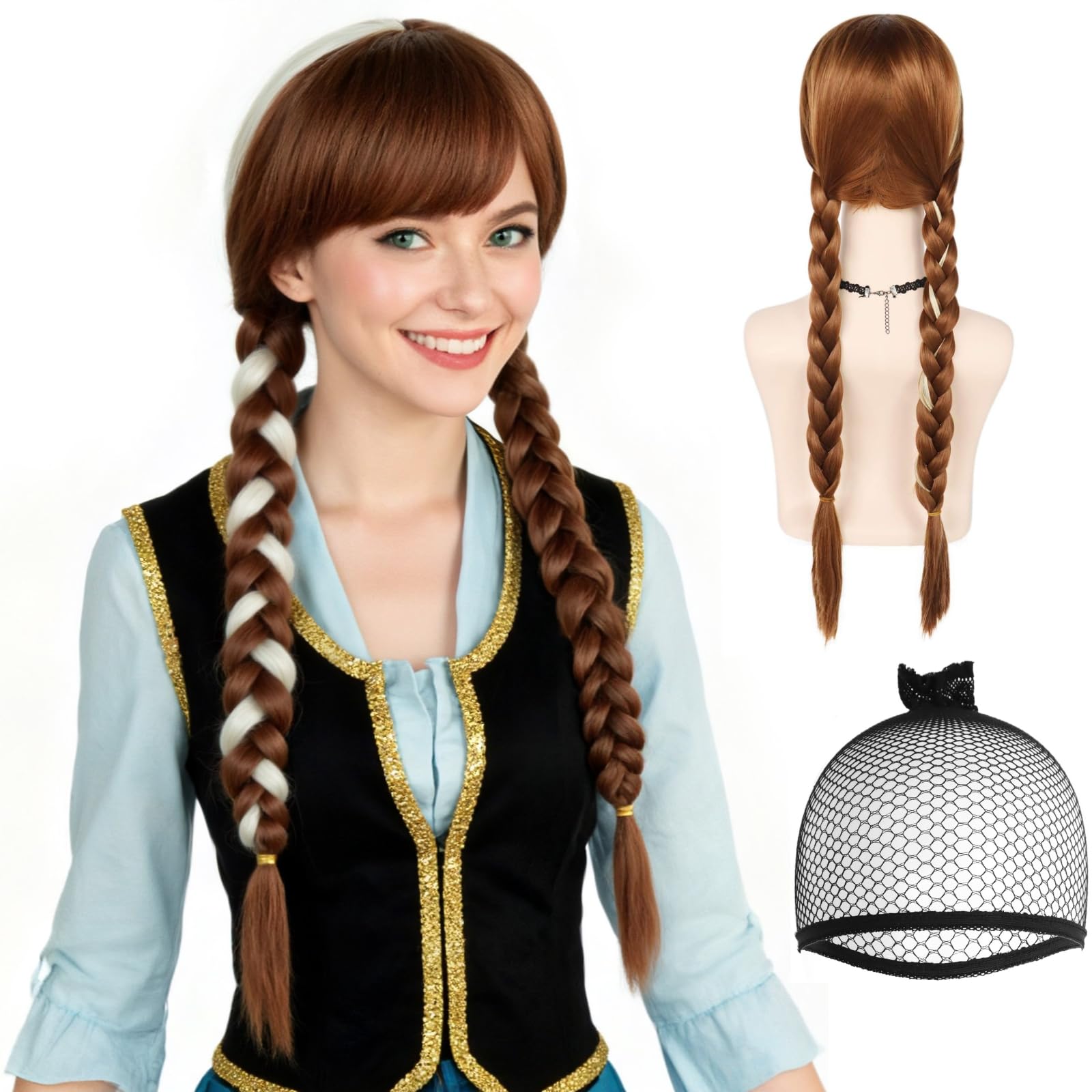 JoneTing Brown Braided Wig【+ Hair Cap】 Princess Wigs for Adult Long Brown Wig With 2 Braids for Women Cosplay Peluca Trenza Marrón Brown Braided
