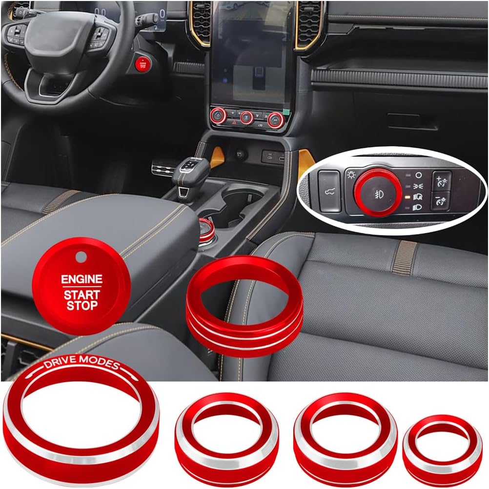 for Ford 2024 2025 2026 Ranger, air Conditioning, Volume Control, Push-Button Start, 4WD and Headlight switches, 7 Pieces of Aluminum Alloy knob Cover Decoration (red)