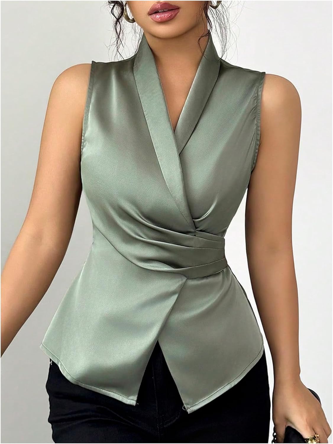 SweatyRocks Women's Sleeveless Ruffle Satin Blouses Elegant Business Work Wrap Tank Top - Image 4