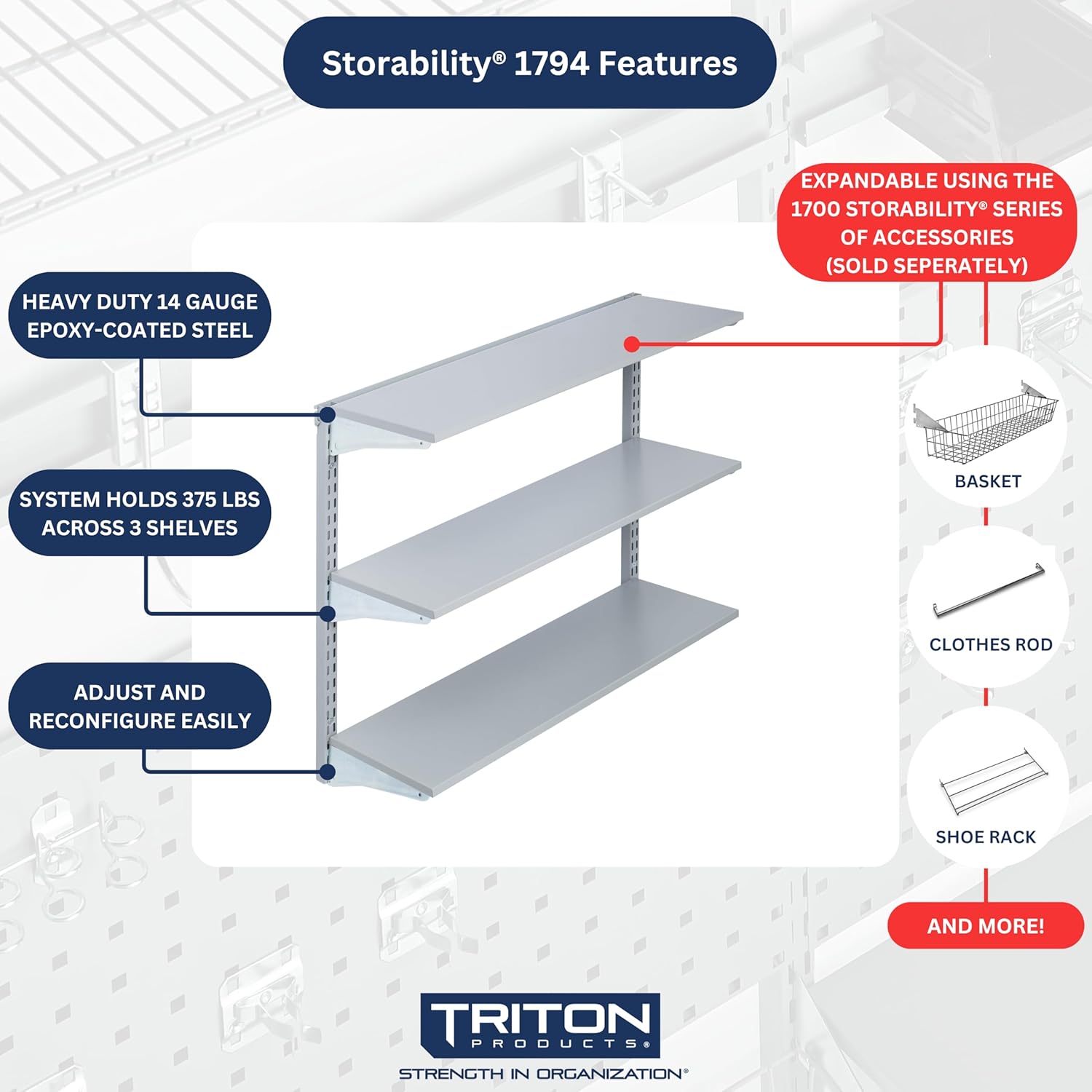 Storability Triton Products 1794 Wall Mount Shelving Unit with 3 Steel Shelves