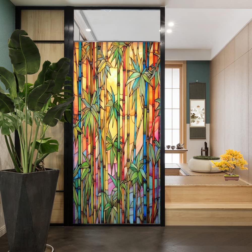 Farmhouse Bamboo Window Privacy Film Minimalist Nature Plants Landscape Stained Glass Window Film Sun Blocking Heat Control Decorative Window Covering Film for Home Office 35.4Wx63L inch