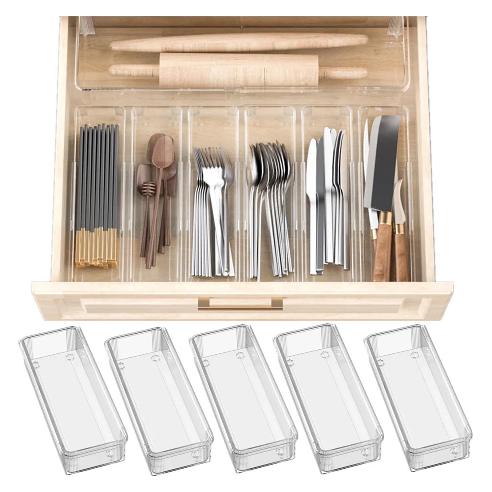 Generico Cassetto trasparente a scomparsa for utensili da cucina domestici, bacchette, cucchiai, divisori, stazione multifunzionale(Small-2pcs)