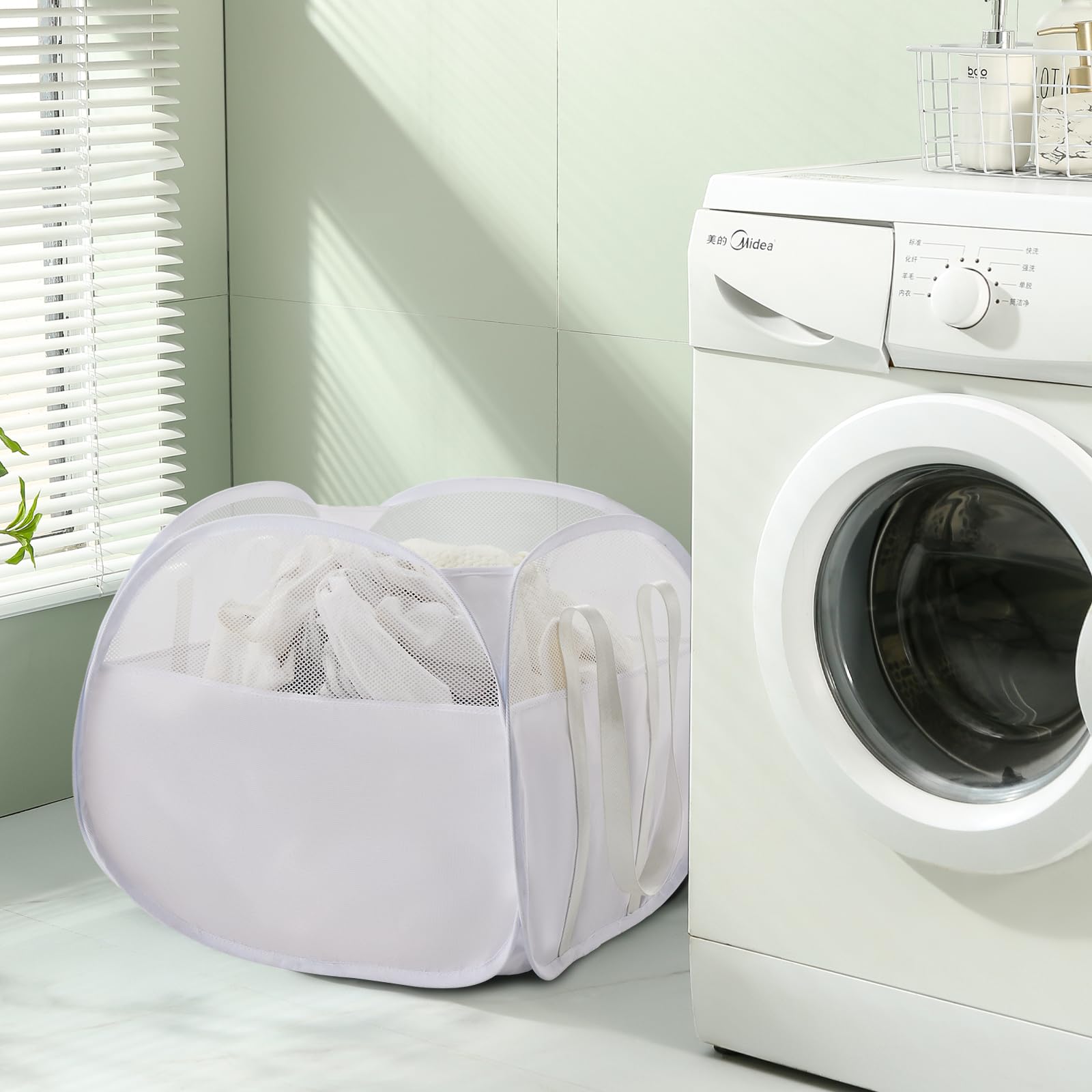 TECHMILLY Pop-Up Foldable Laundry Basket – 90L Large Square Hamper With Handles, White Fabric