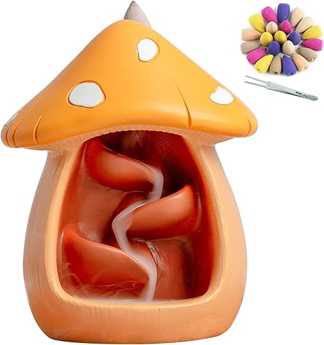 Lindo soporte de incienso de hongos con 60 conos de incienso, quemador de incienso de reflujo de cascada hecho a mano, quemador de incienso con
