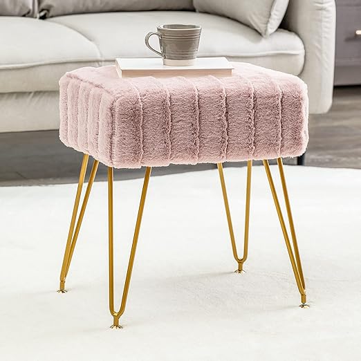 Modern Mink Square Footstool Ottoman Bench, Pink Faux Fur