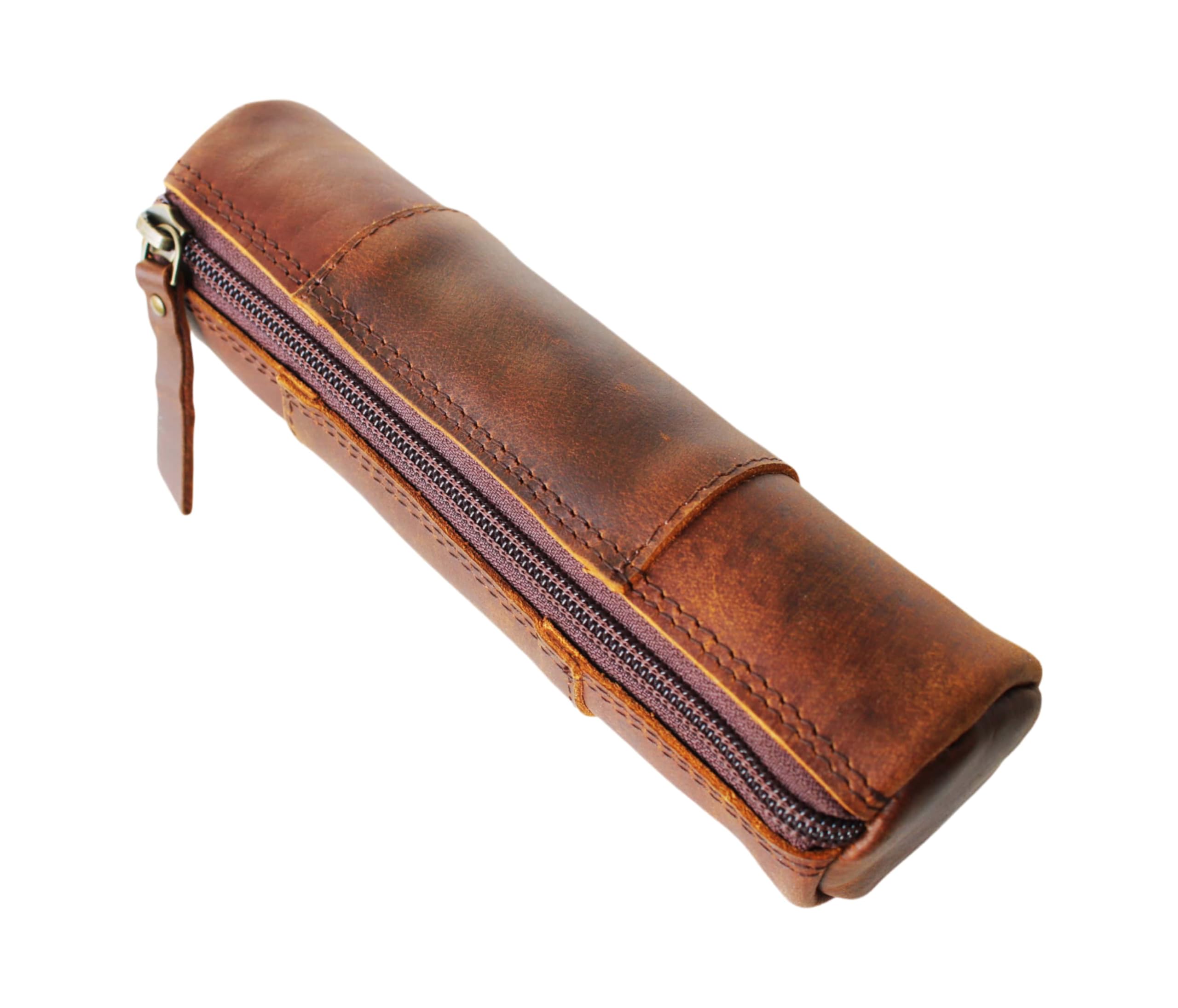 Estuche para lápices de Cuero Vintage Genuino portalápices con Cierre Cremallera Organizador Pinceles artística Marcador Oficina papelería Regalo para Estudiantes Artistas Pintores escritores