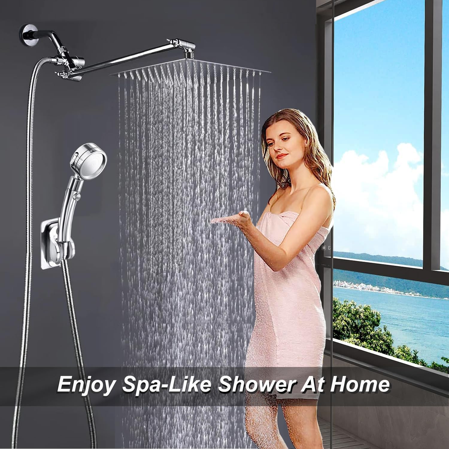 Shower Head Combo,10 Inch High Pressure Rain Shower Head with 11 Inch Adjustable Extension Arm and 3 Settings Handheld,Powerful Shower Spray Against Low Pressure Water with Long Hose(Chrome)