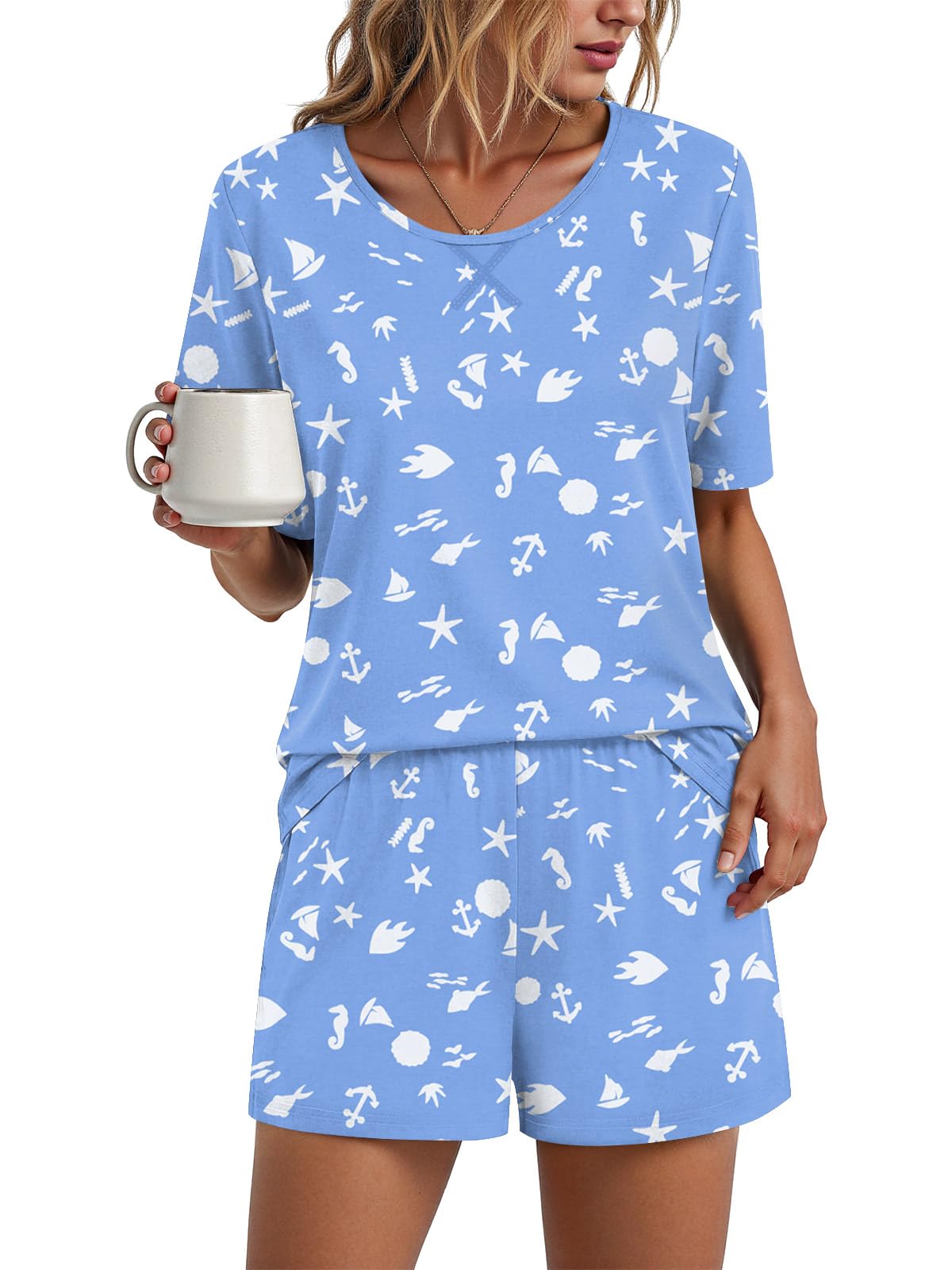 Findsweet Pajama Set for Women 2 Piece Lounge Set Soft Sleepwear Summer Casual Short Pjs Sets with Pockets M-3XL