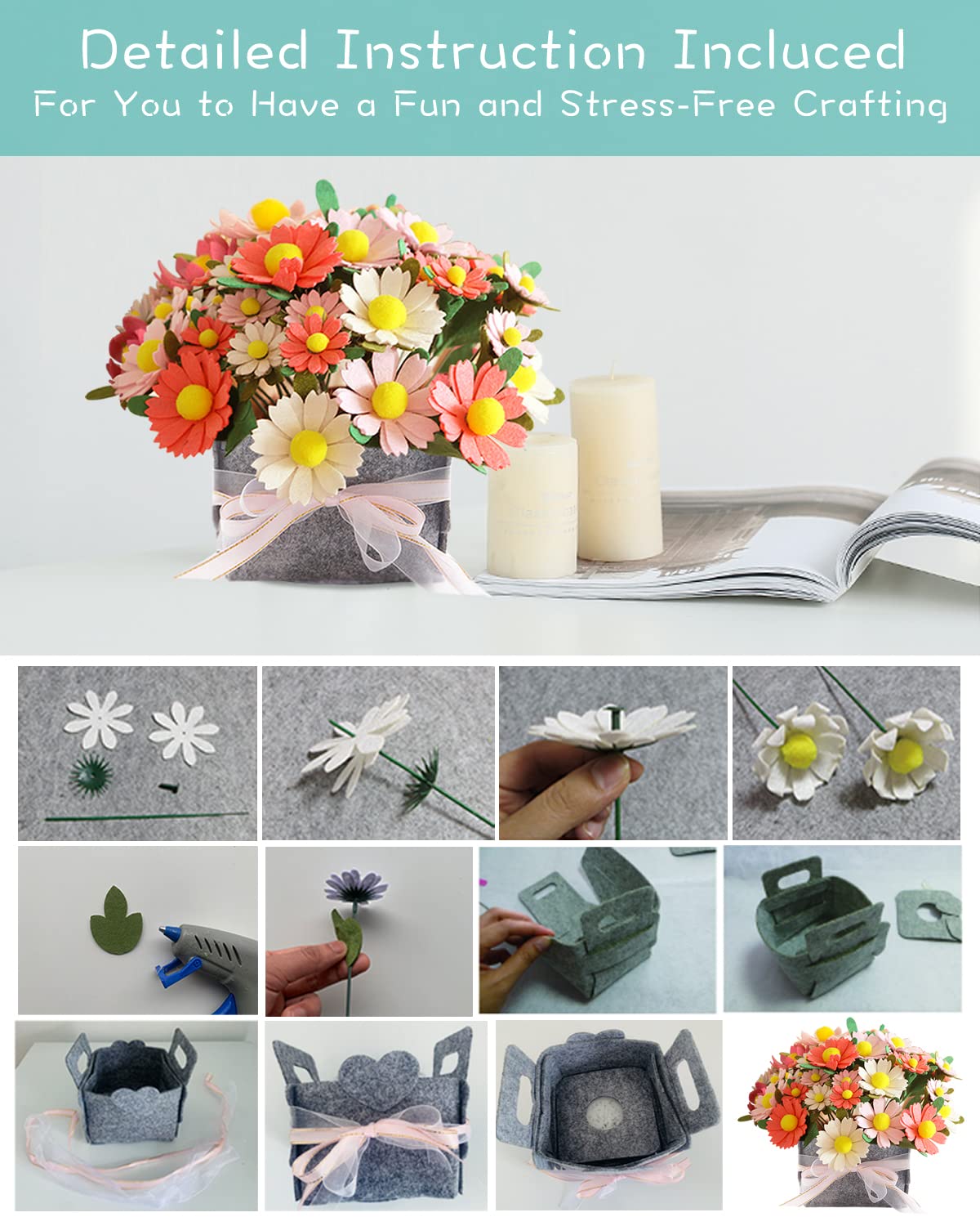 BAZIMA - Kit de manualidades de flores de fieltro, kit de ramo de margaritas de fieltro, regalos florales, kit de manualidades para principiantes, arregla flores de fieltro precortadas y follaje