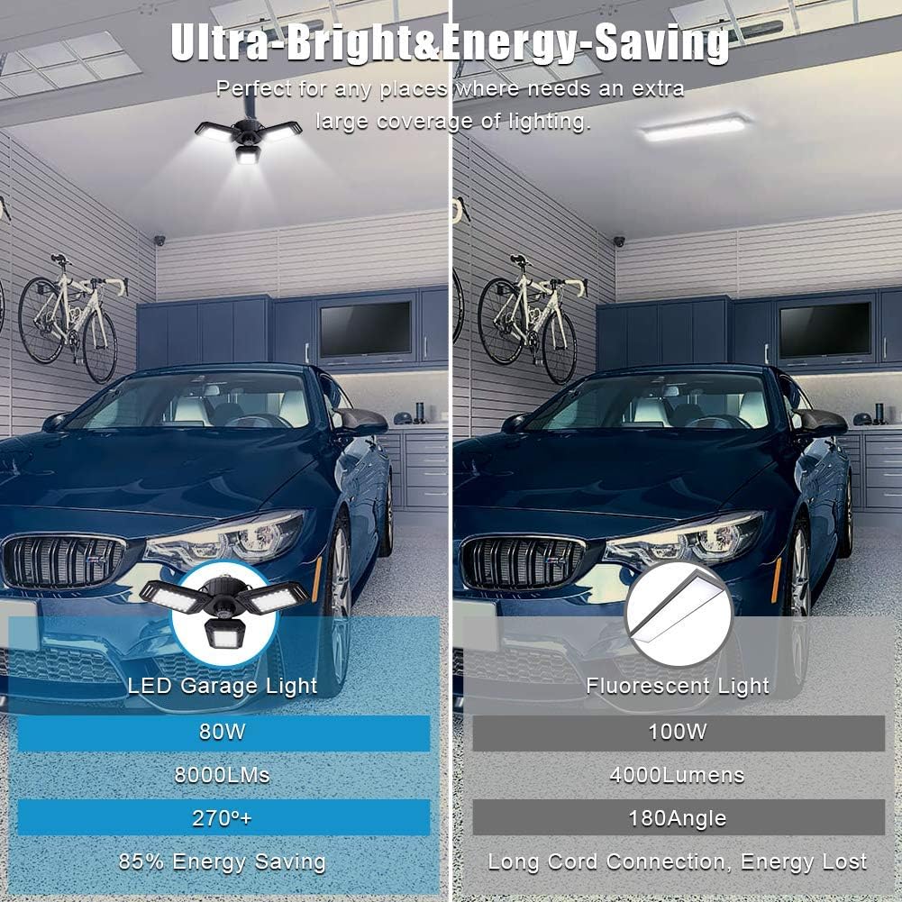 🔥 Cashback up to 70% 2 Pack LED Garage Lights 80W Deformable LED Garage Lights, 8000LM E26 Three-Leaf Garage Ceiling Light Fixtures, 6500k LED Garge Ceiling Lights for Basement, Warehouse, Workshop