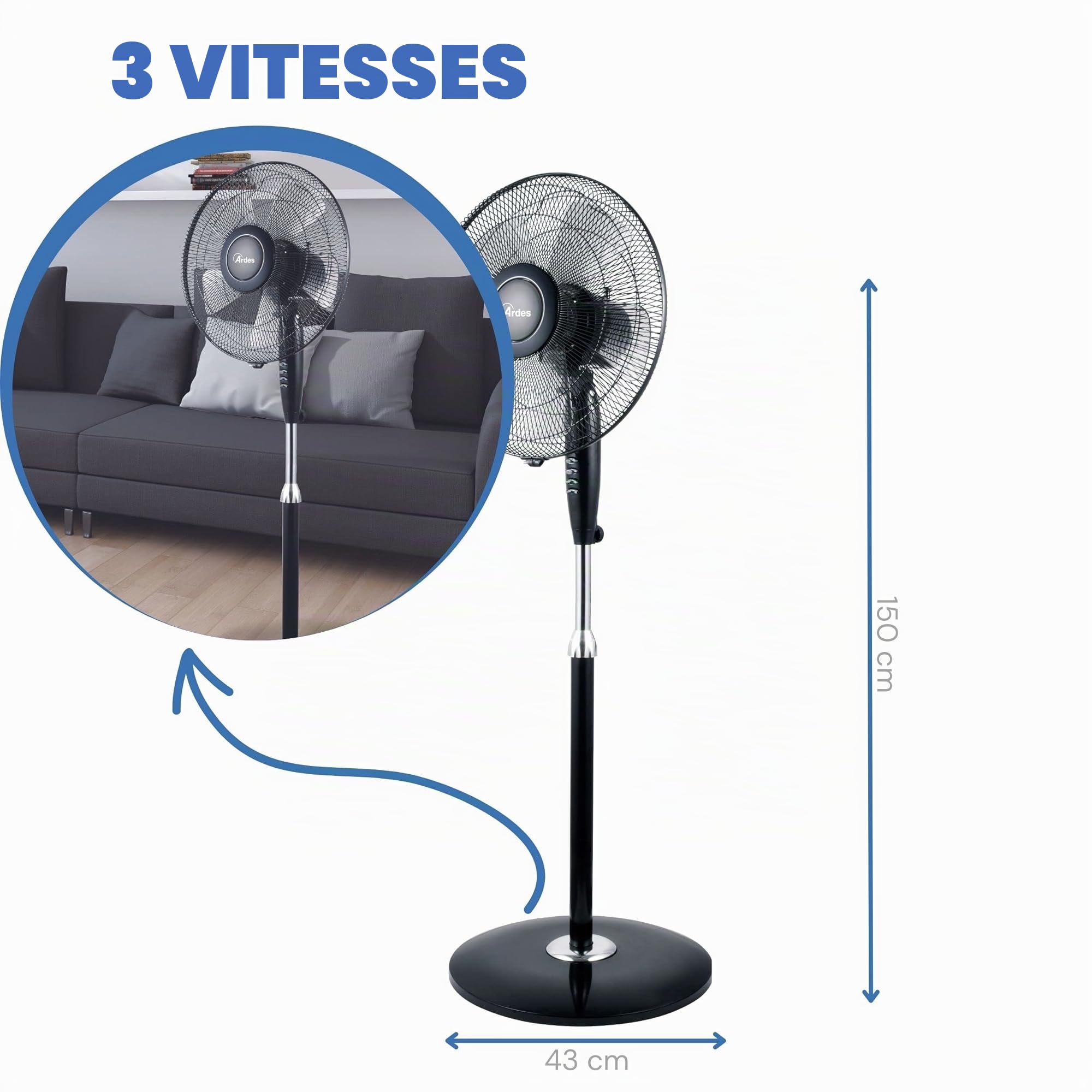 ARDES - AR5S41PB Ventilateur sur pied Puissant et silencieux, 5 pales 40 cm, Oscillant avec hauteur et inclinaison réglables Ventilateur sur pied Ardes 3 Vitesses
