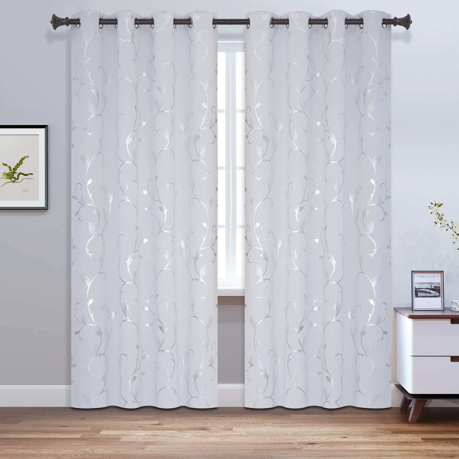 BUHUA Blackout Curtains Pairs 84 Inches Long Room Darkening Curtains with Shinny Wave Vine Design for Sliding Glass Door 52WÃ—84L Greyish White 1 Pair