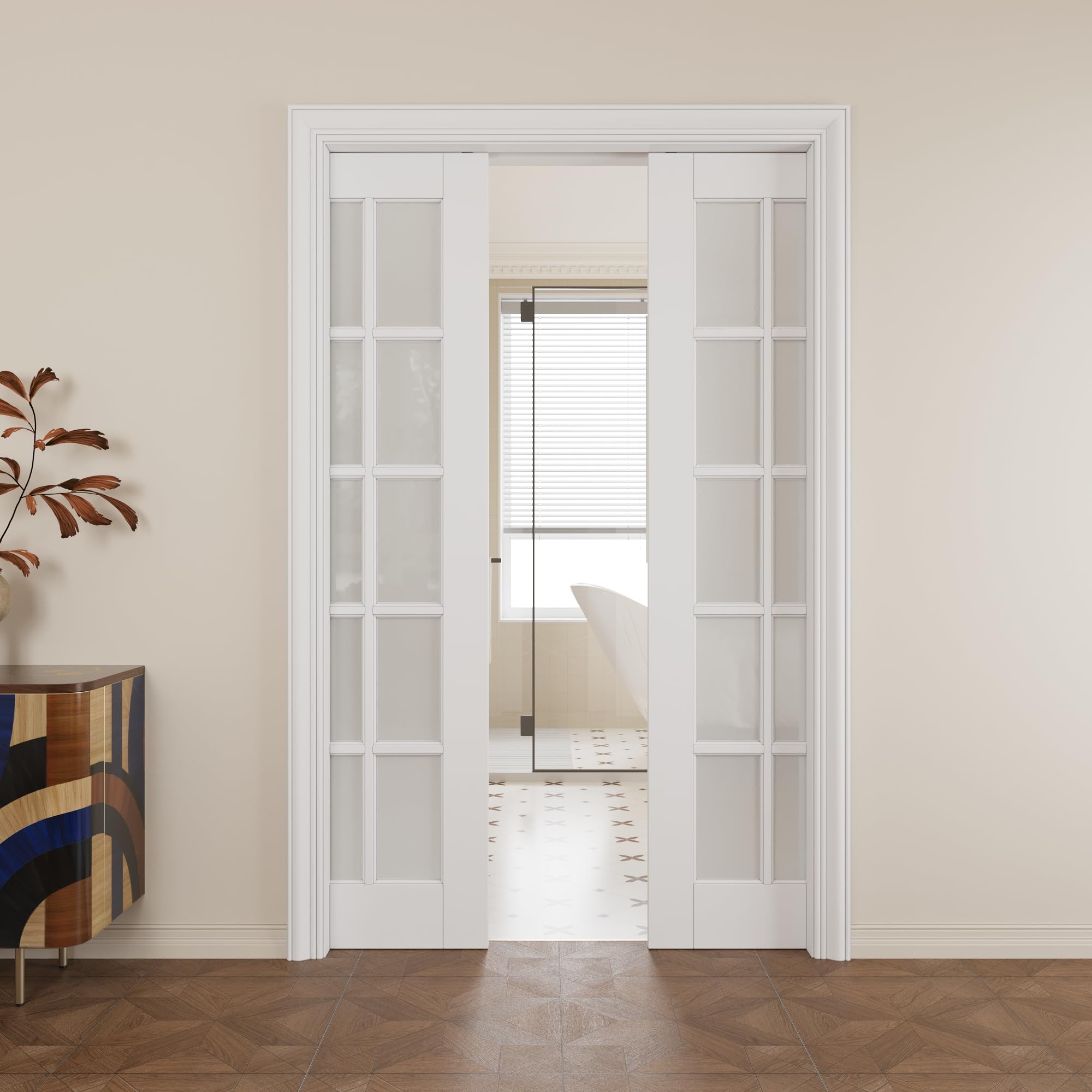 Pocket Door,10-Lite Frosted Glass Doors,Solid Door,48x80 Door