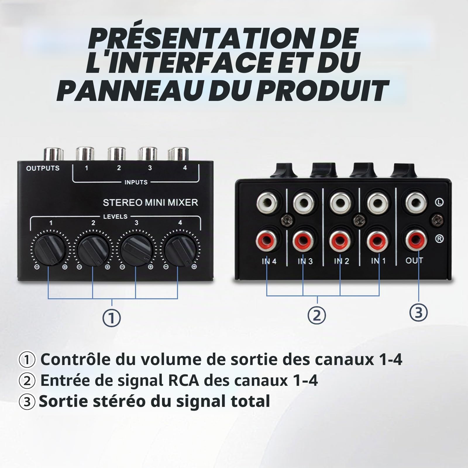 Mélangeur Audio Stéréo, Mini Mélangeur Stéréo, Mini Mélangeur Passif 4 Canaux 1, Mélangeur Passif Stéréo pour Lecteur DVD stéréo Haut-Parleur CD