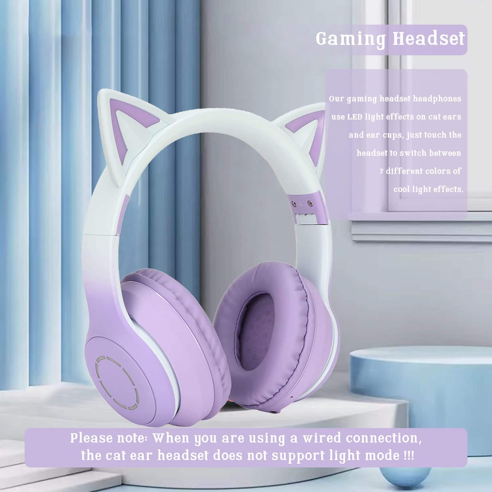 Casque Chat, casque sans fil Bluetooth 5.1 Chat, câble AUX 3.5mm, casque pliable, bandeau ajustable, mic détachable, 7 couleurs de lumières LED et 4 modes LED, convient aux filles et adultes (Violet)