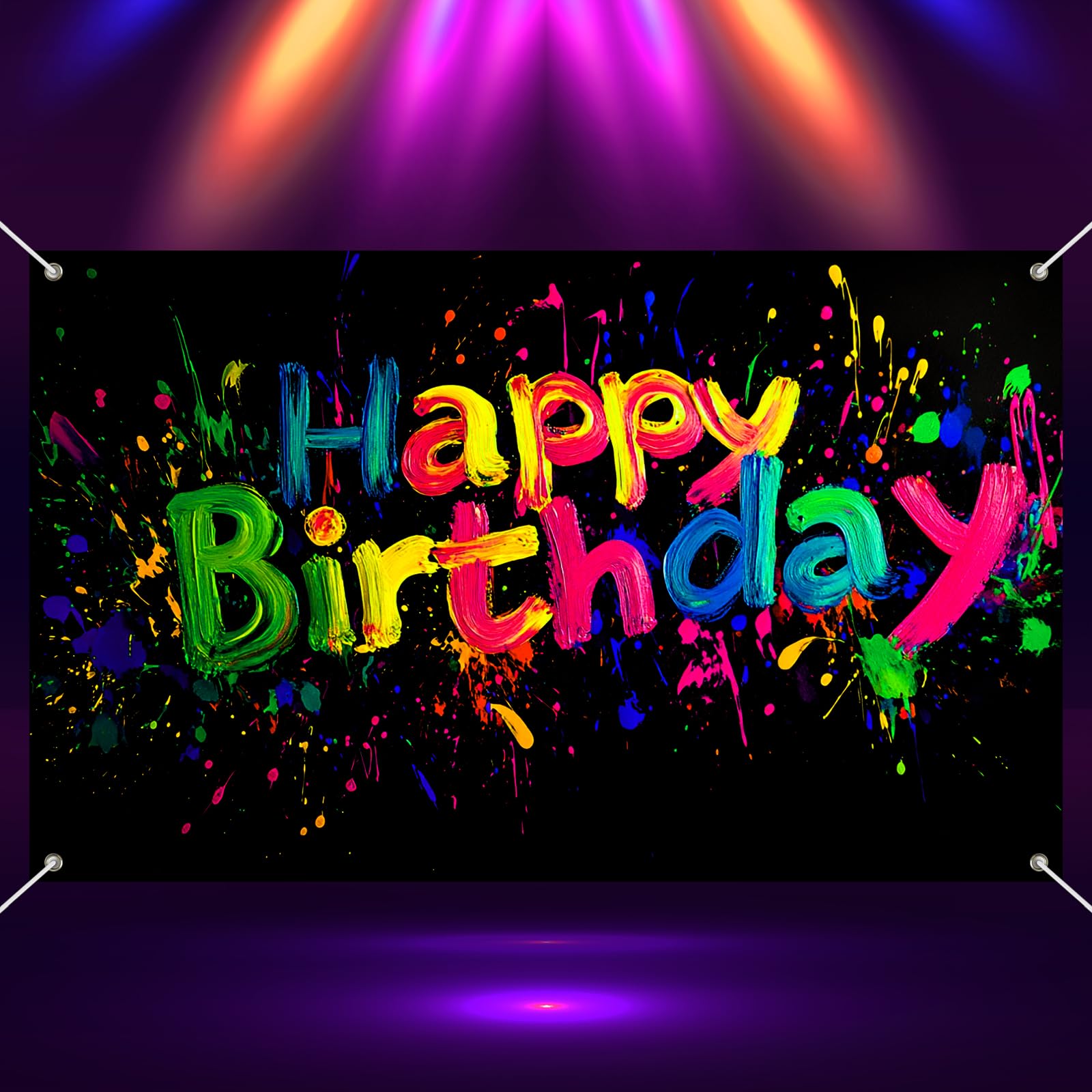 HOMETITUTE Neon Happy Birthday Banner Backdrop Neon Decorations For Glow Party Glow in The Dark Photography Backdrops 71x43 Inch Colorful Graffiti