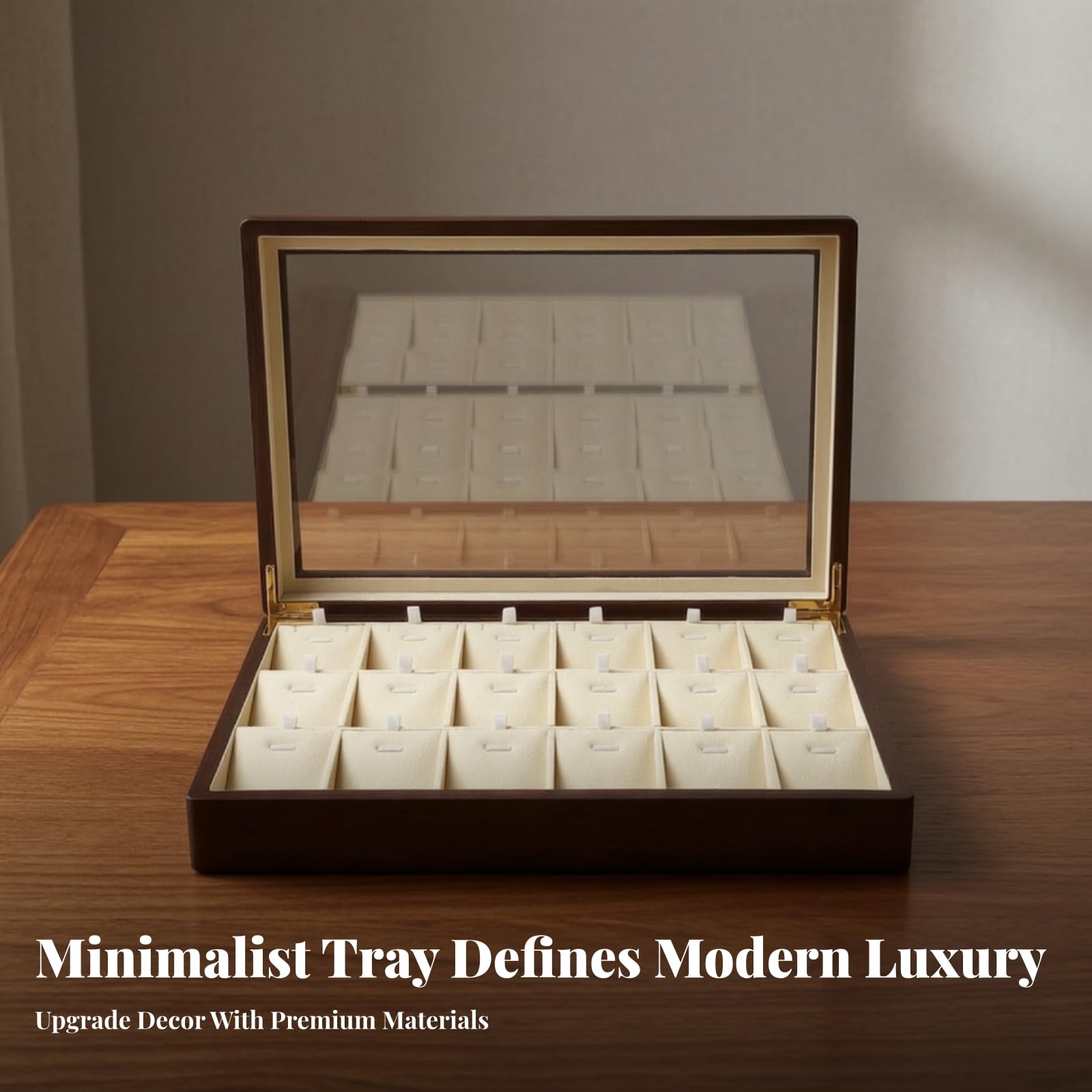 TISHITA Plateau de Présentation Bijoux Boîte Organisateur Vitrine Coffret avec Couvercle en Verre Bois Massif Microfibre 12 Compartiments Aspect Élégant, Gris Foncé, style to 1