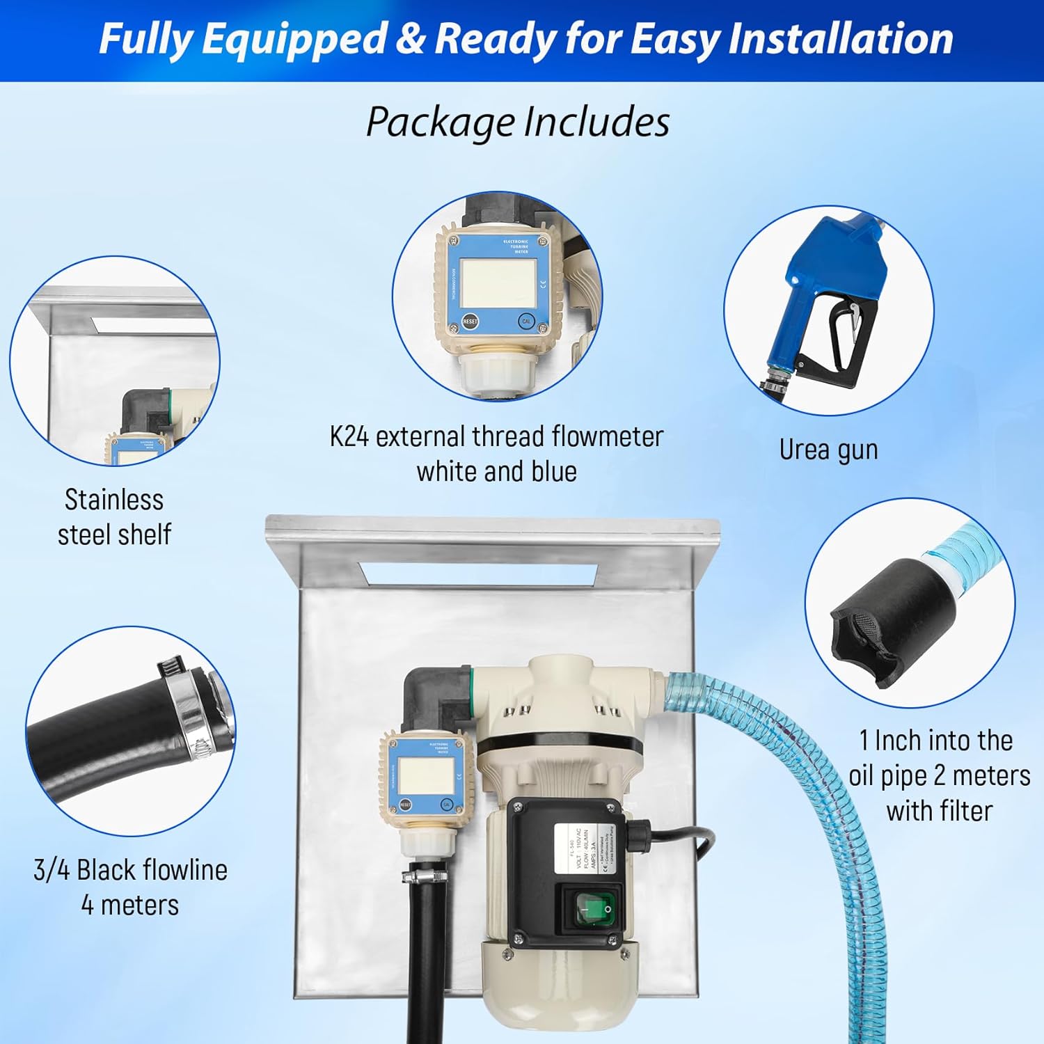2026 Upgraded DEF Transfer Pump Kit, 10 GPM (40 LPM) 110V AC 550W Electric Urea Pump with K24 Flow Meter, Stainless Steel Shelf, 4.3/4 Black Flowline 4 Meters,1 Inch Into the Oil Pipe 2 Meters