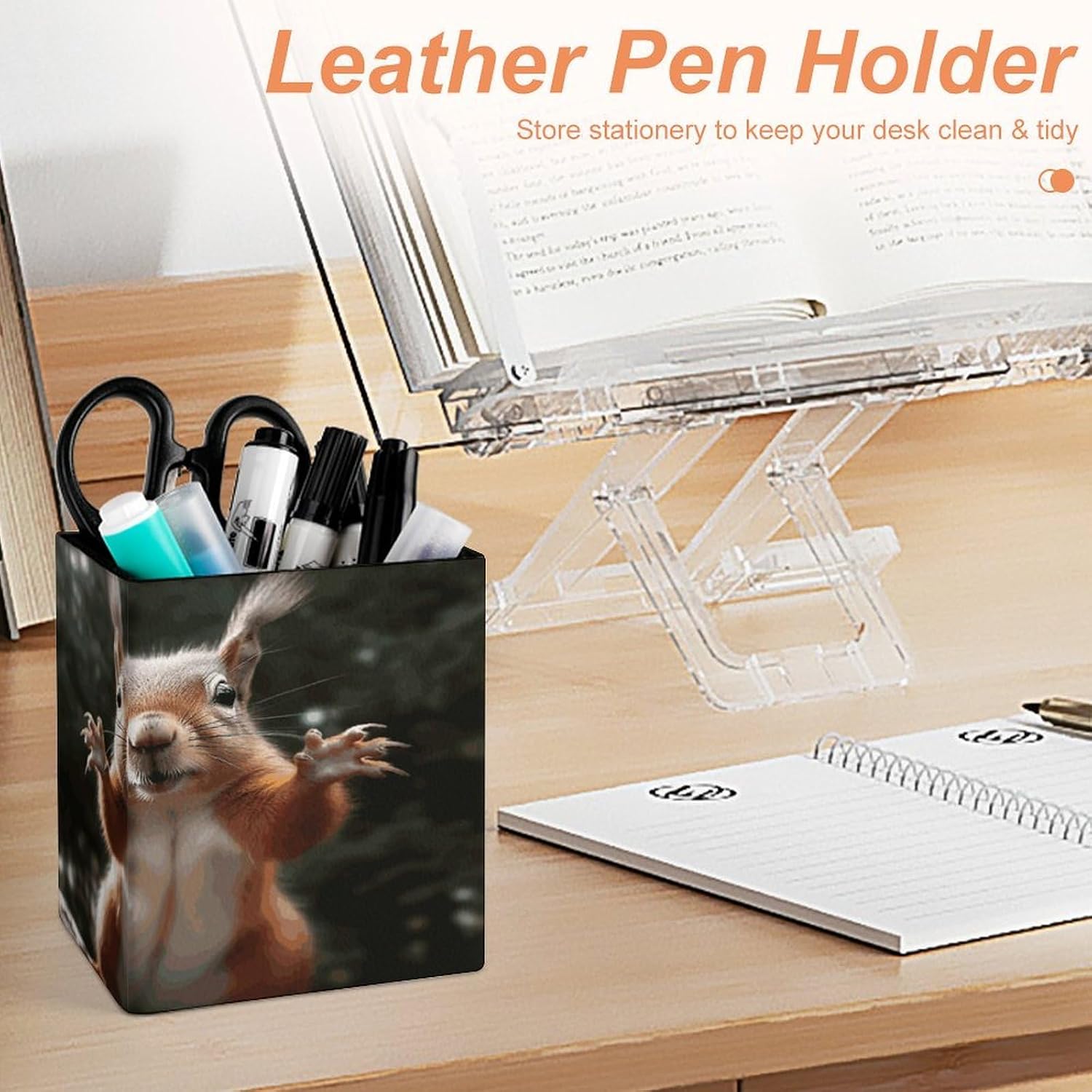 PU Leather Pencil Holder Squirrel Funny Animal Pen Holder for Office Desk Accessories & Workspace Organizer Square Pencil Cup with Non-slip Bottom for Home Bathroom Conference Room image 4