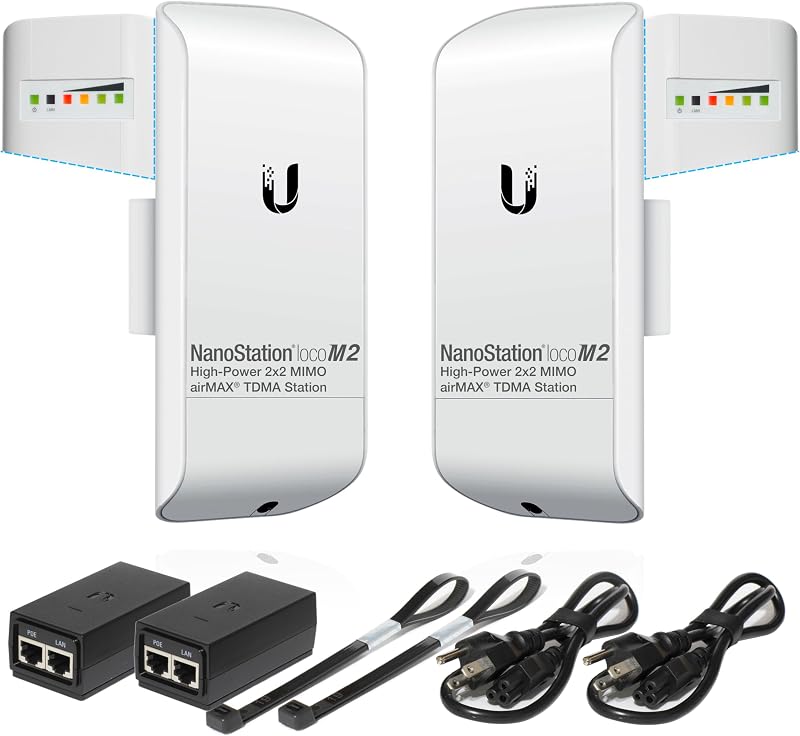 Wireless Bridge Ubiquiti LOCOM2 PRE-CONFIGURED, Bundle of 2 Ubiquiti Nanostation LOCO M2, Point to Point Outdoor WiFi Bridge, Plugh and Play 2.4GHz, 150+Mbps, 10+km Link Range, Network Bridge