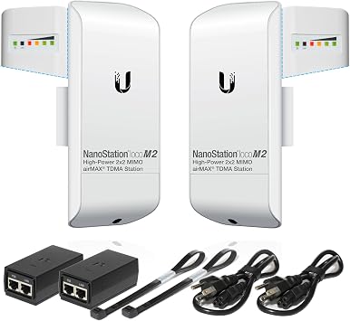 Wireless Bridge Ubiquiti LOCOM2 PRE-CONFIGURED, Bundle of 2 Ubiquiti Nanostation LOCO M2, Point to Point Outdoor WiFi Bridge, Plugh and Play 2.4GHz, 150+Mbps, 10+km Link Range, Network Bridge