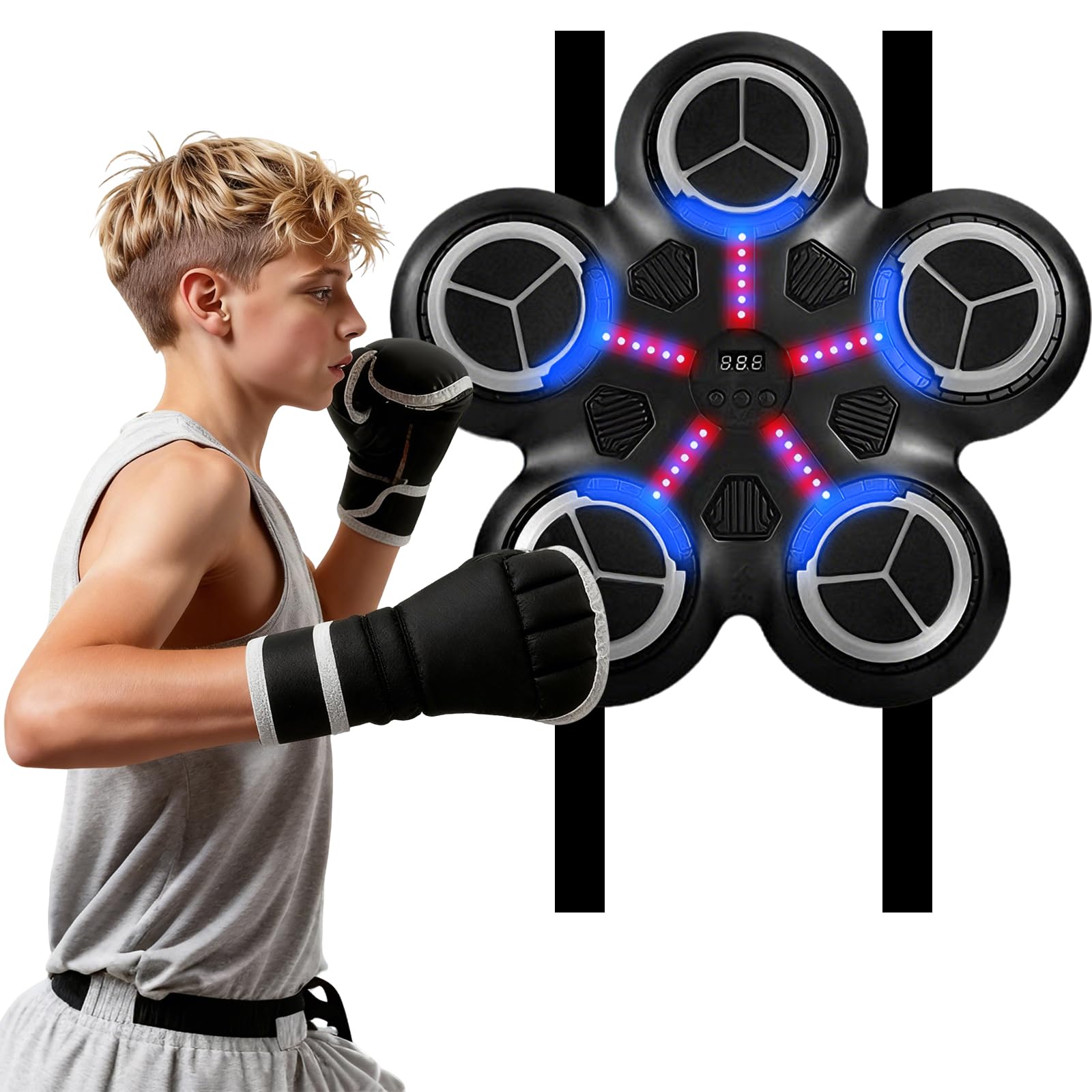 OBEST Macchina da Boxe Musicale Boxmaschine con Schermo LED per Bambini, Montaggio a Parete con Guantoni da Boxe, Allenamento con Bersaglio Indoor, Regalo per Bambini