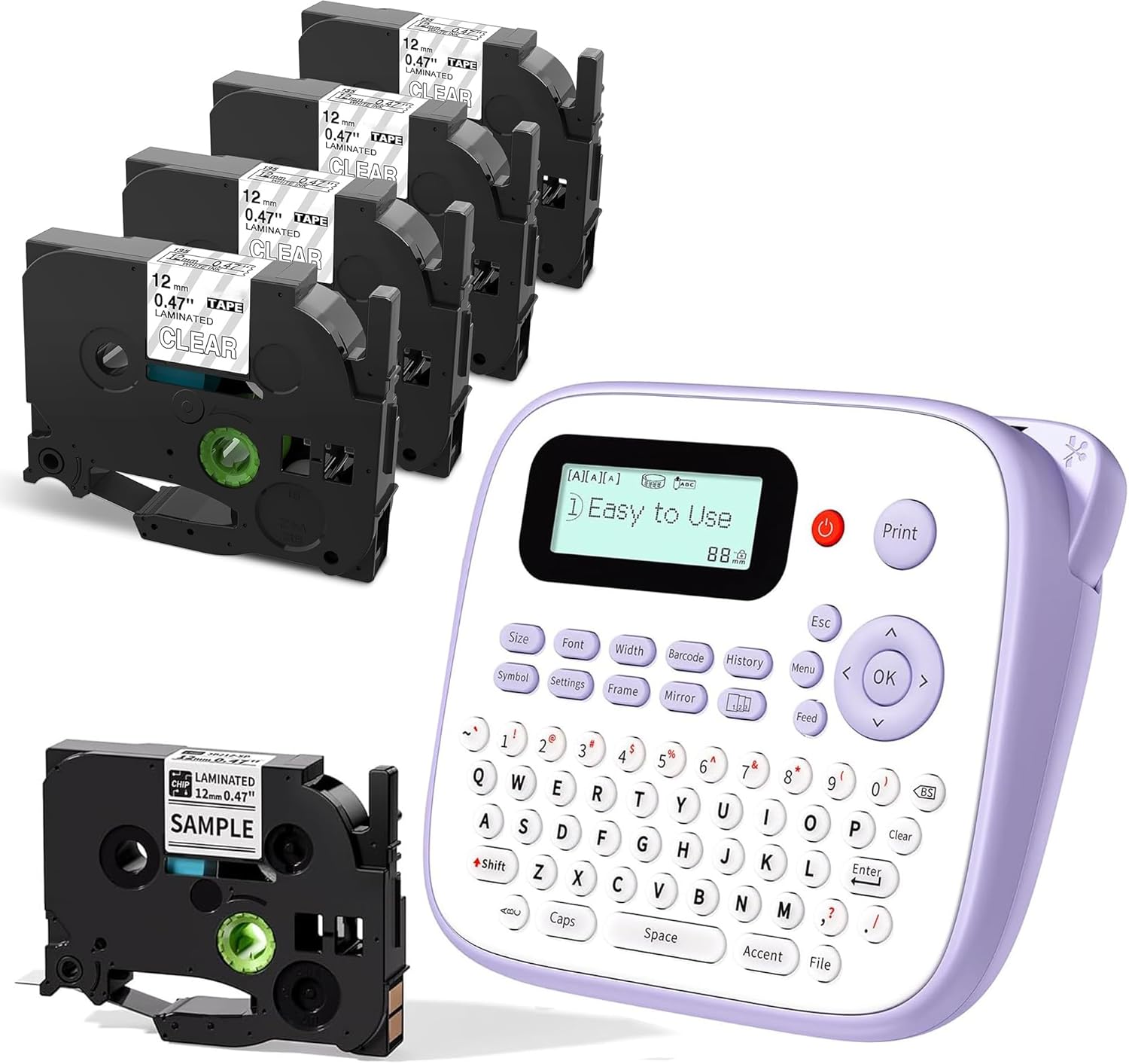 Label Maker Machine with 5PK 12mm Clear Tapes Waterproof, Purple Desktop Label Maker for Teachers Kids Classroom, Portable Labeler with Multiple Symbols &Fonts for Home Office School Use, D210S