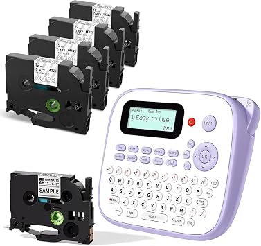 Label Maker Machine with 5PK 12mm Clear Tapes Waterproof, Purple Desktop Label Maker for Teachers Kids Classroom, Portable Labeler with Multiple Symbols &Fonts for Home Office School Use, D210S