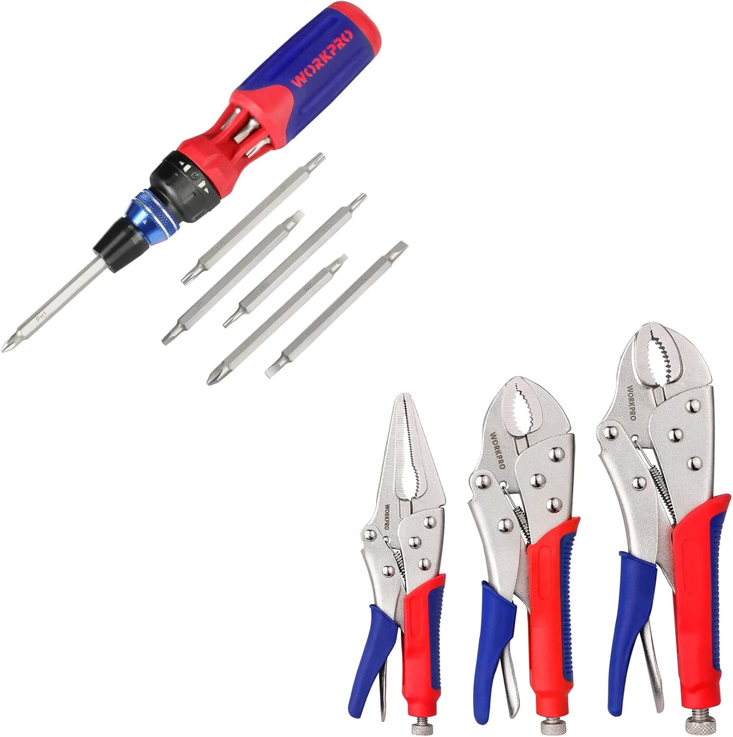 WORKPRO 12-in-1 Ratcheting Multi-Bit Screwdriver&3-piece Locking Pliers Set